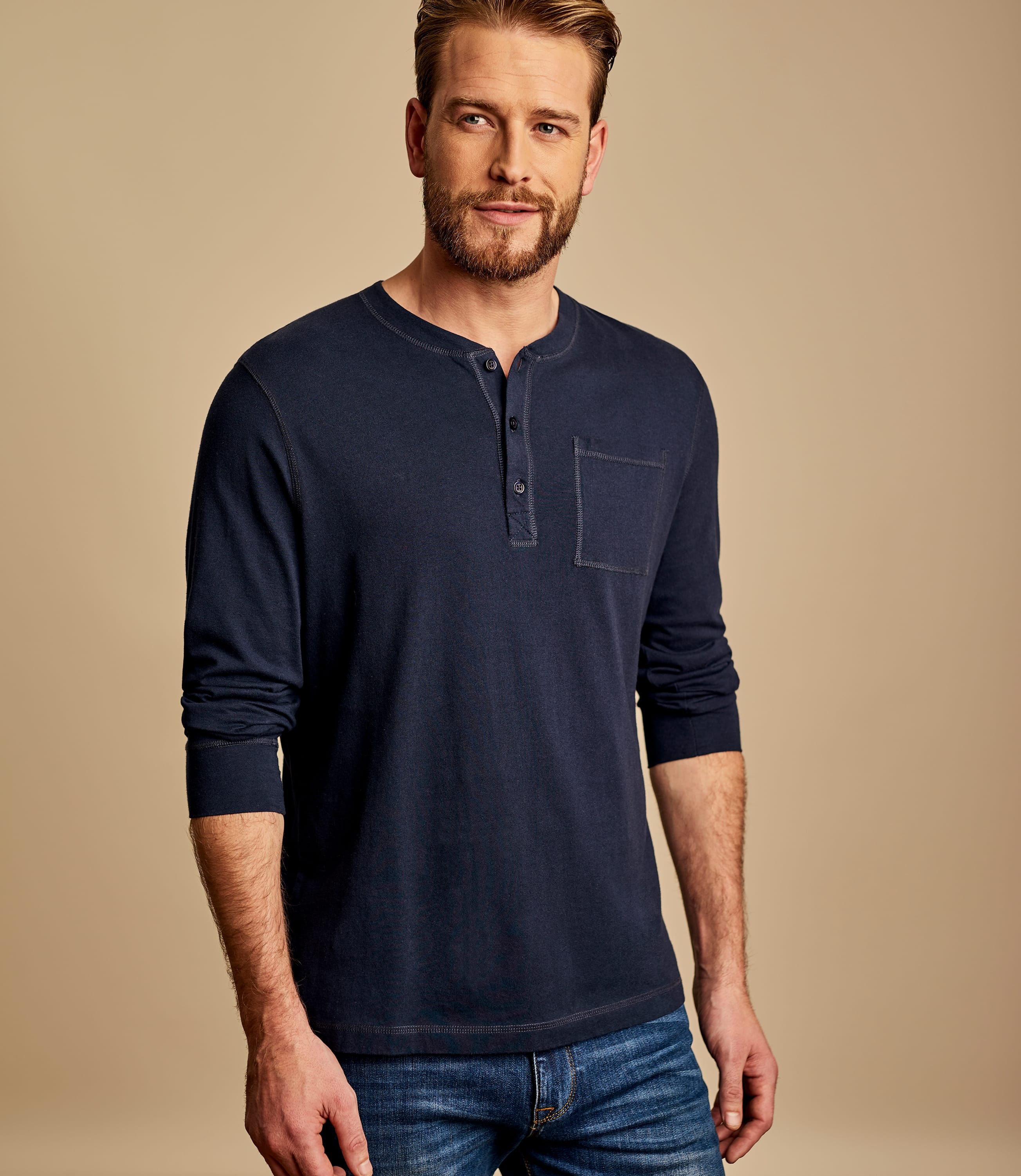 Navy | Mens Henley Button Long Sleeve T-shirt | WoolOvers AU