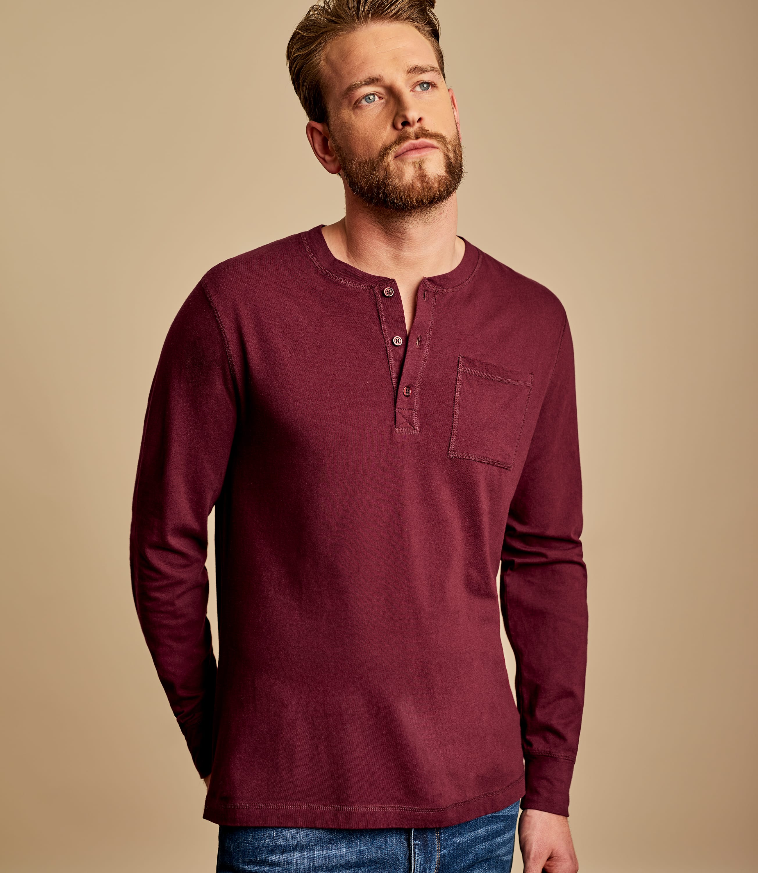 Plum | Mens Henley Button Long Sleeve T-shirt | WoolOvers UK