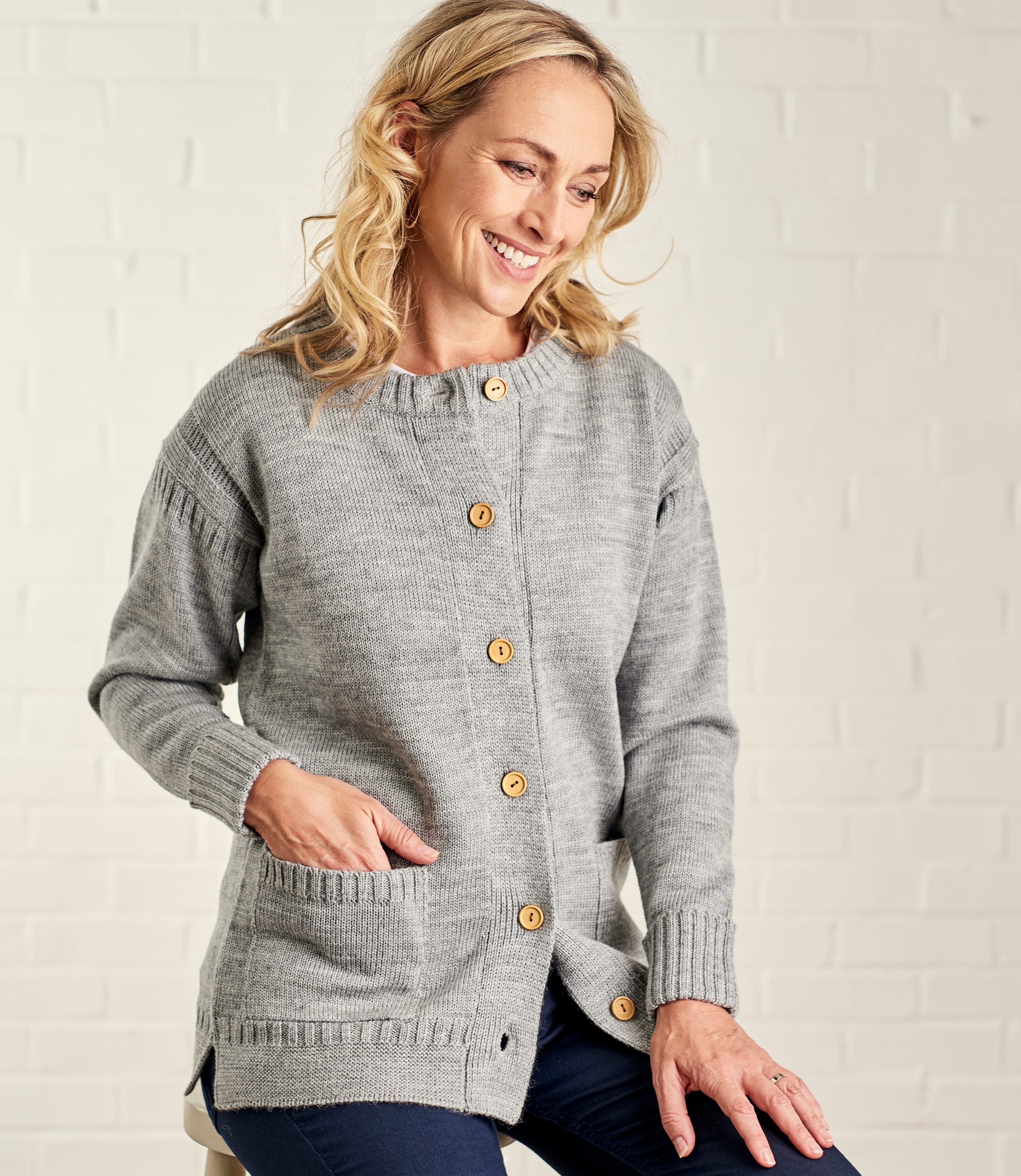 Flannel Grey | Womens Pure Wool Guernsey Long Crew Neck Cardigan ...