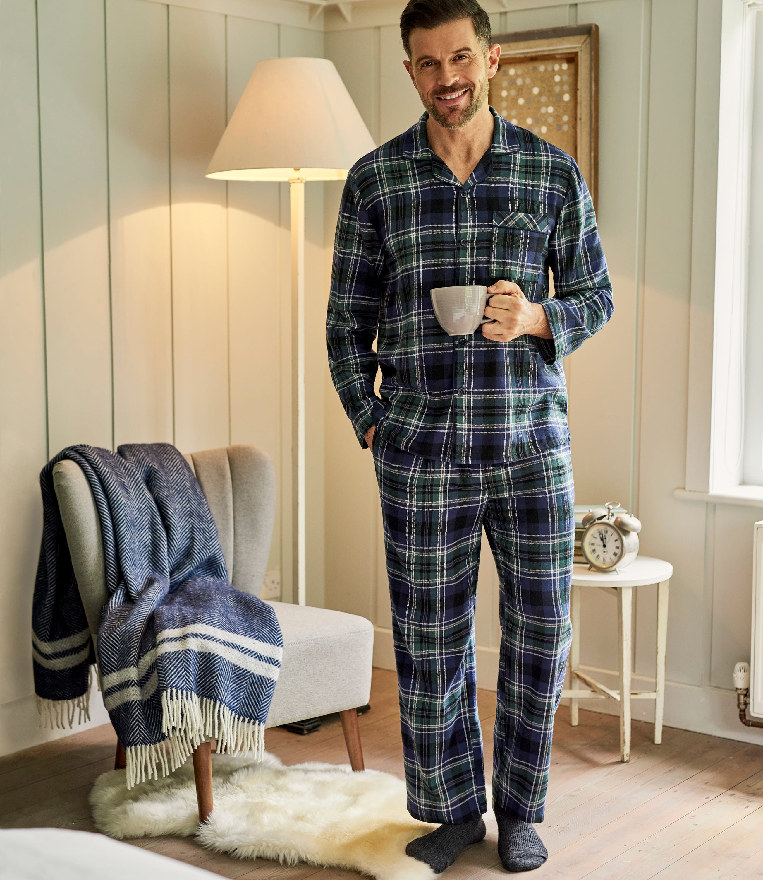 Karomuster Navy Mens Cotton Woven Check Pyjama Shirt Woolover DE