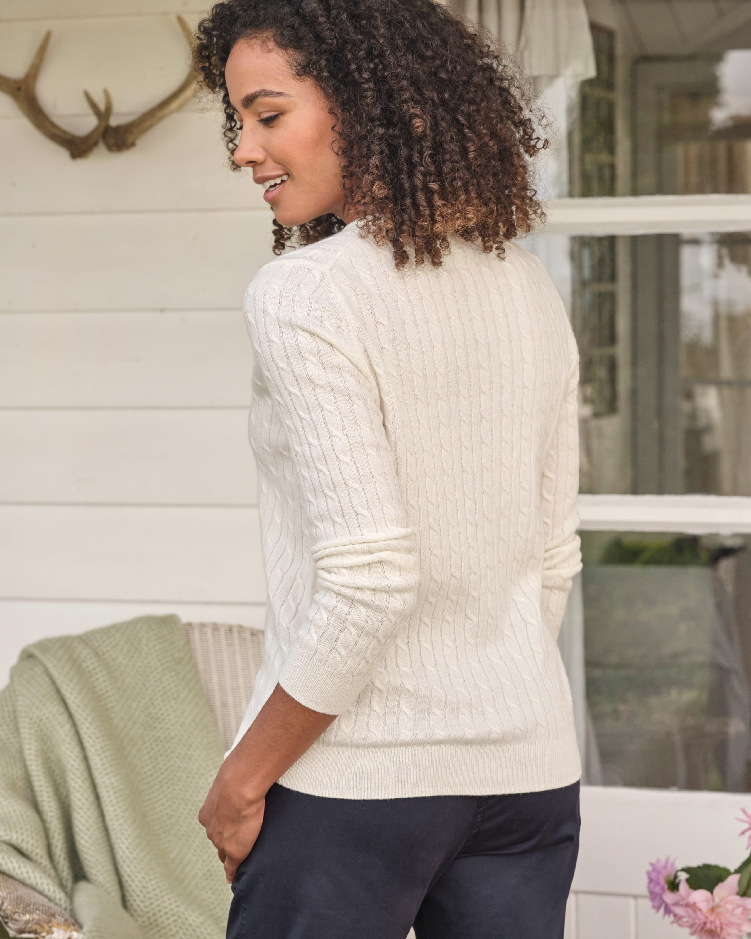 Cream Cashmere Merino Cable Crew Neck Sweater WoolOvers US