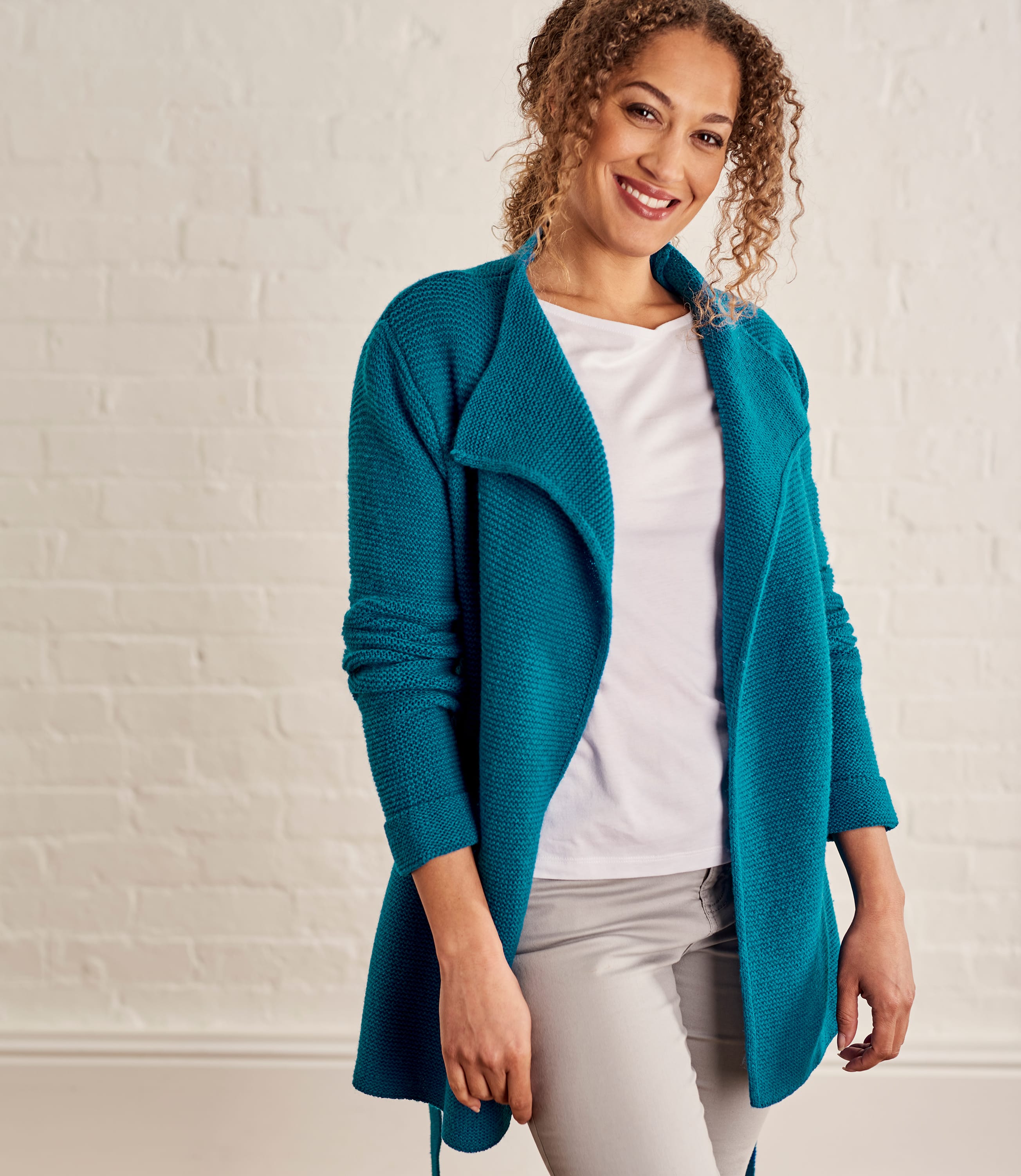 Teal | Womens Chunky Stitch Belted Cardigan | WoolOvers AU