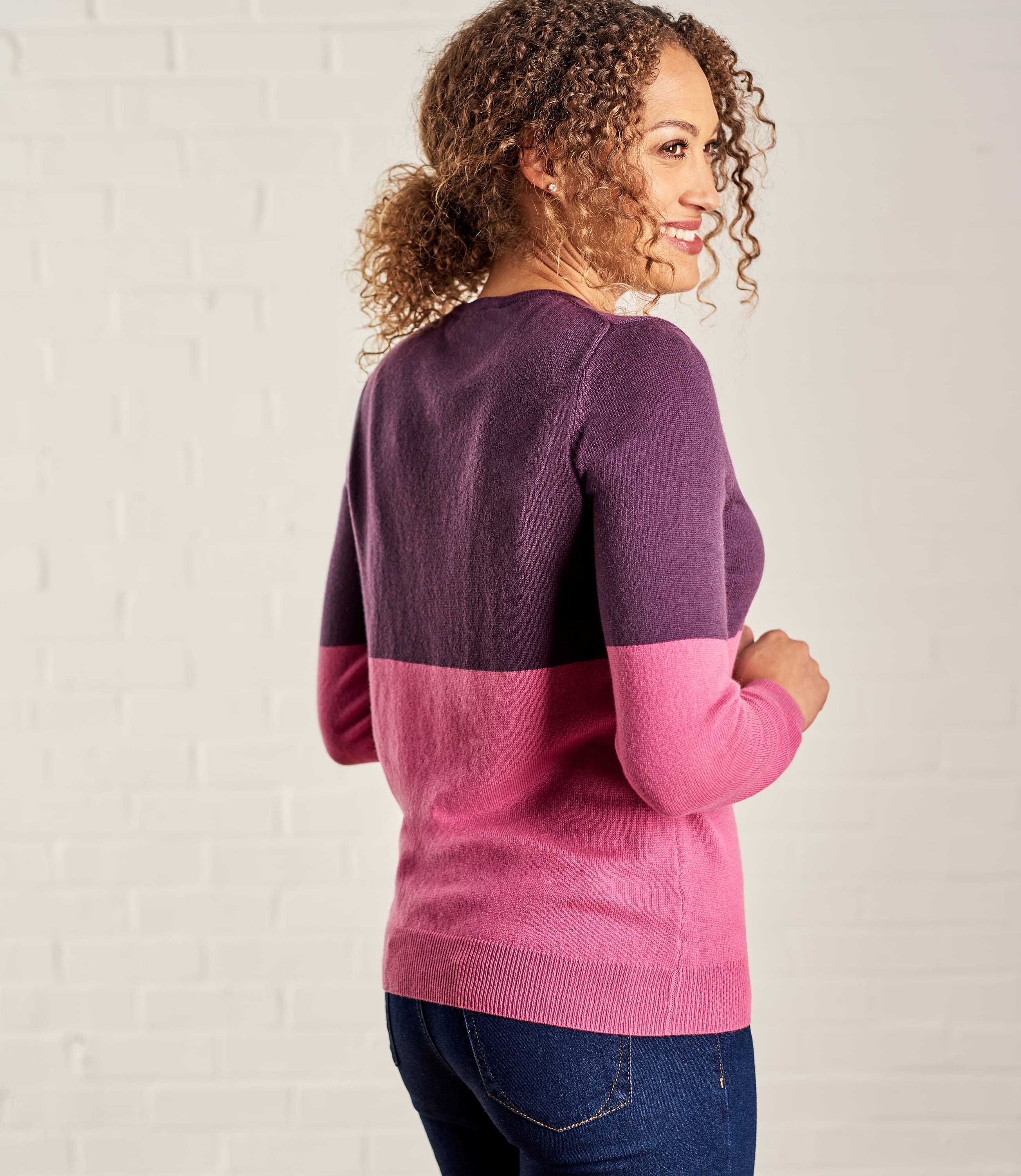 Aubergine/Peony Pink | Womens Cashmere Merino Colourblock Crew Neck ...