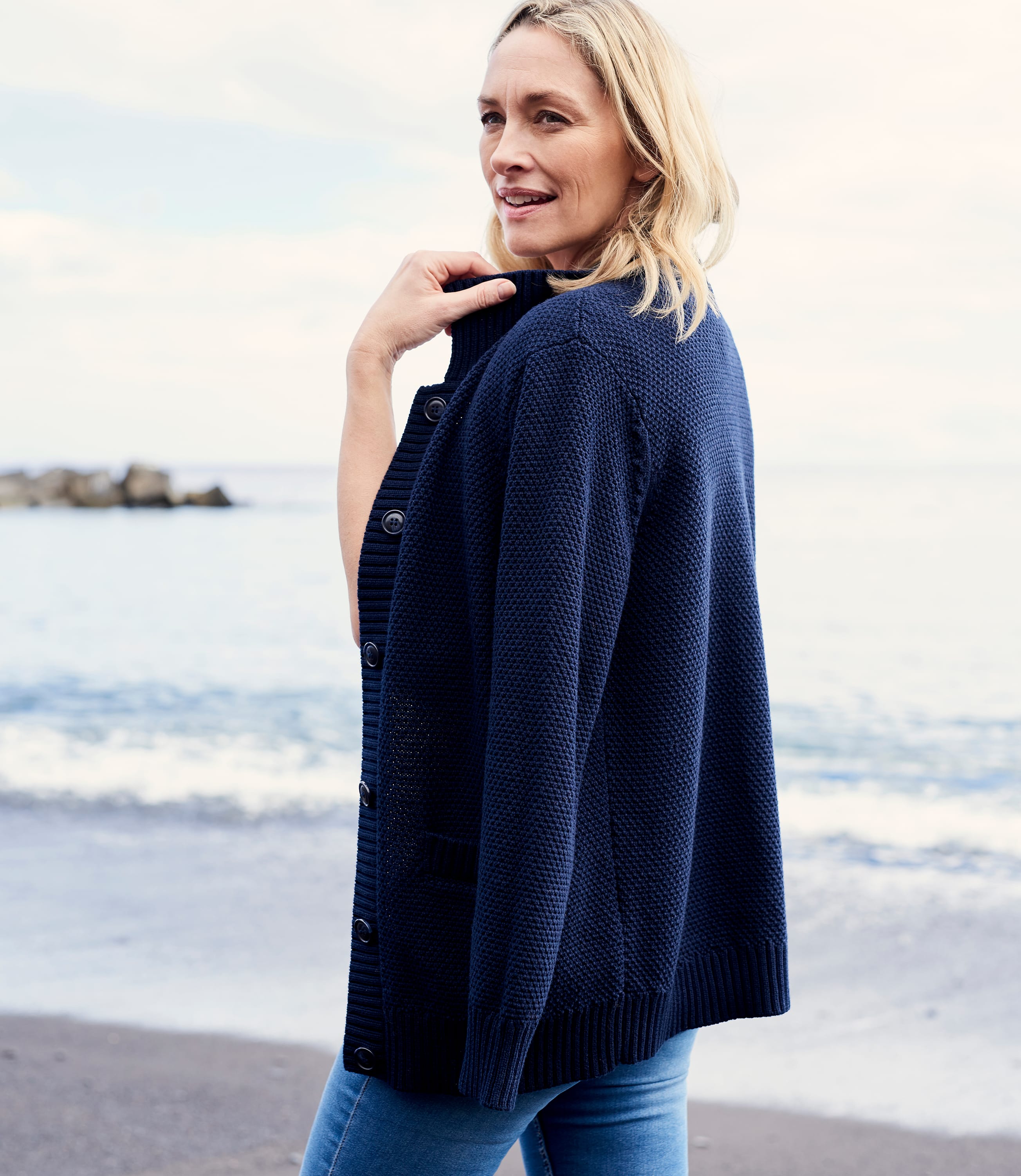 Navy | Womens Cotton Collared Button Cardigan | WoolOvers AU