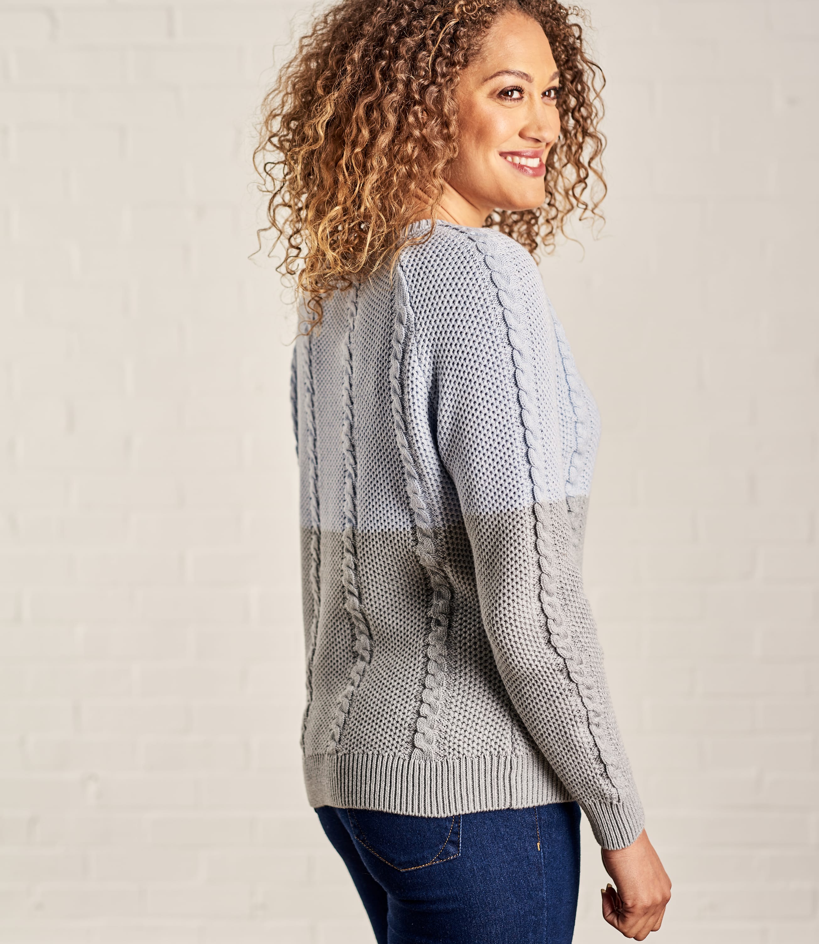 Grey Marl/Blue Marl | Womens Cotton Cable Colourblock Jumper | WoolOvers UK