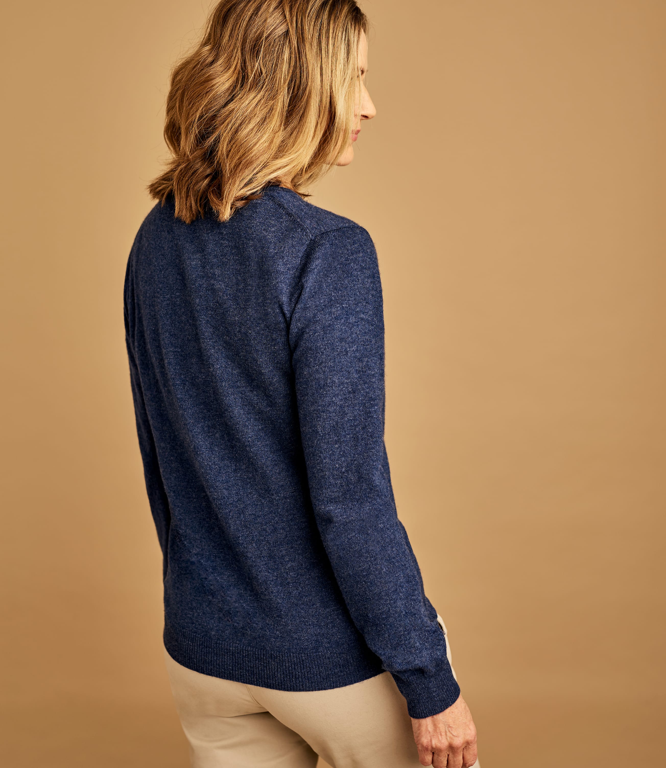 Denim Marl Cashmere Merino Crew Neck Cardigan WoolOvers UK