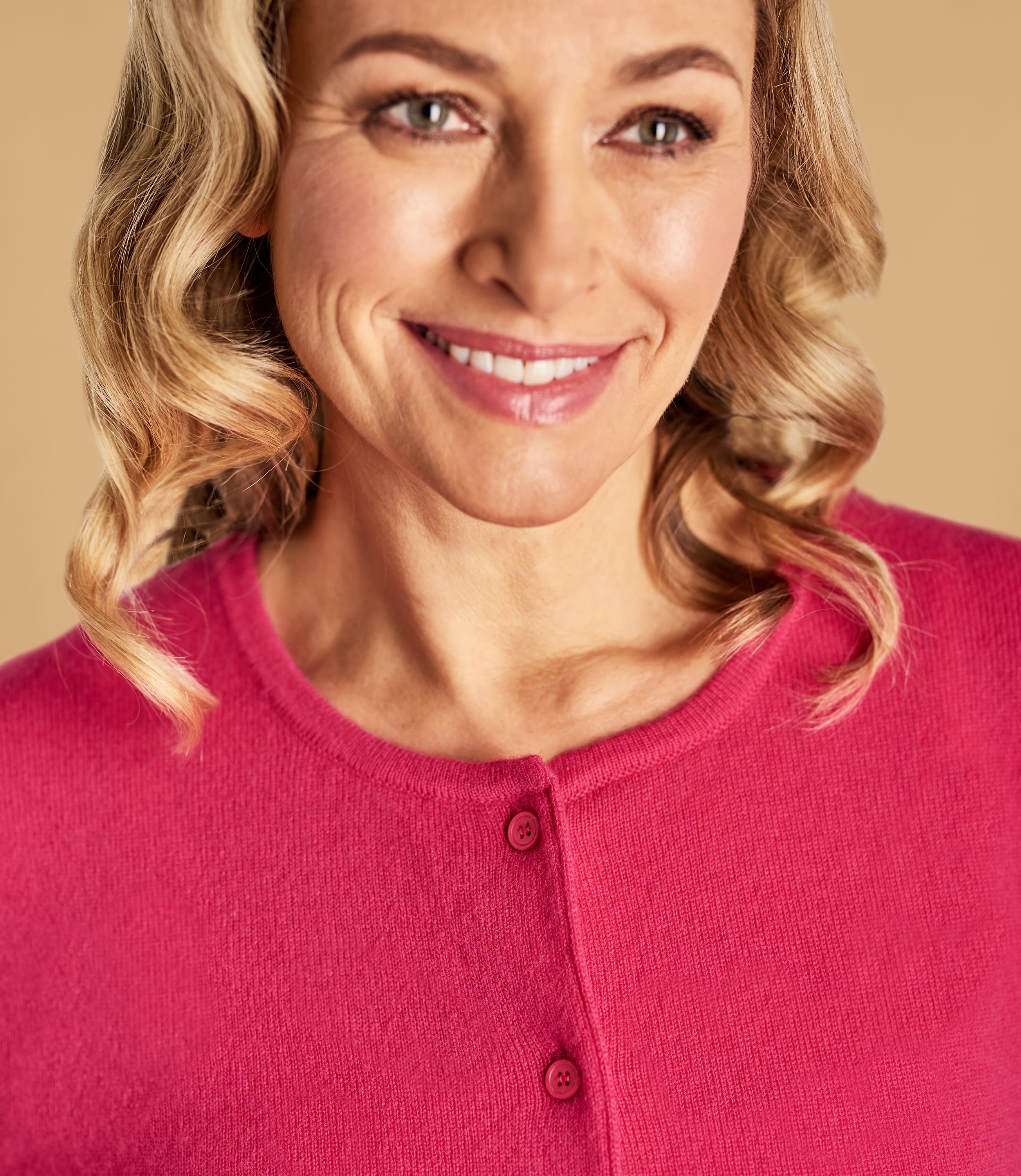 Fuchsia Pink Womens Cashmere Merino Classic Crew Neck Cardigan