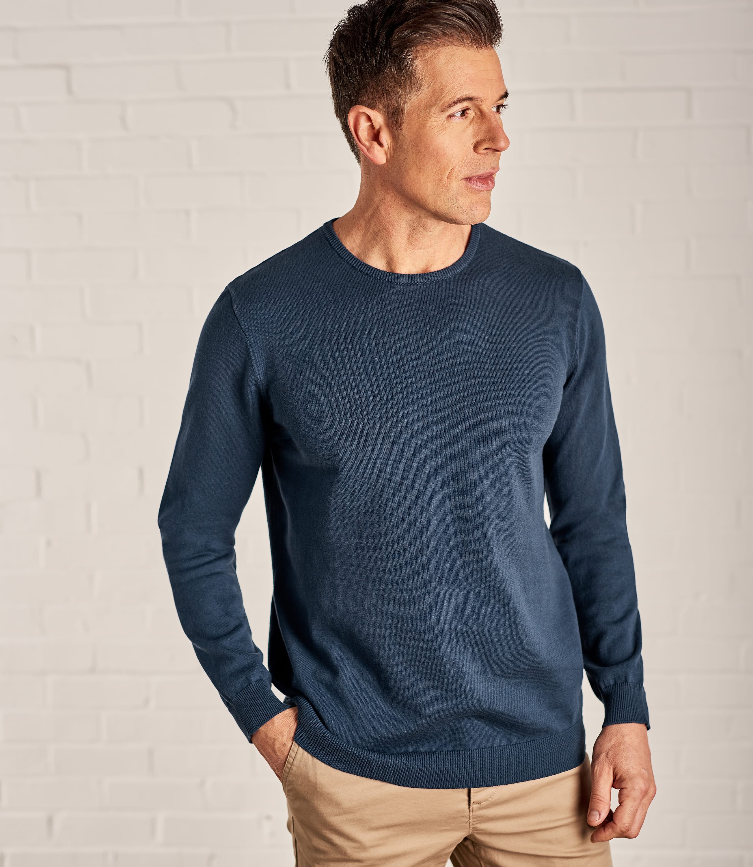 Deep Sea Blue | Combed Cotton Crew Neck Jumper | WoolOvers UK