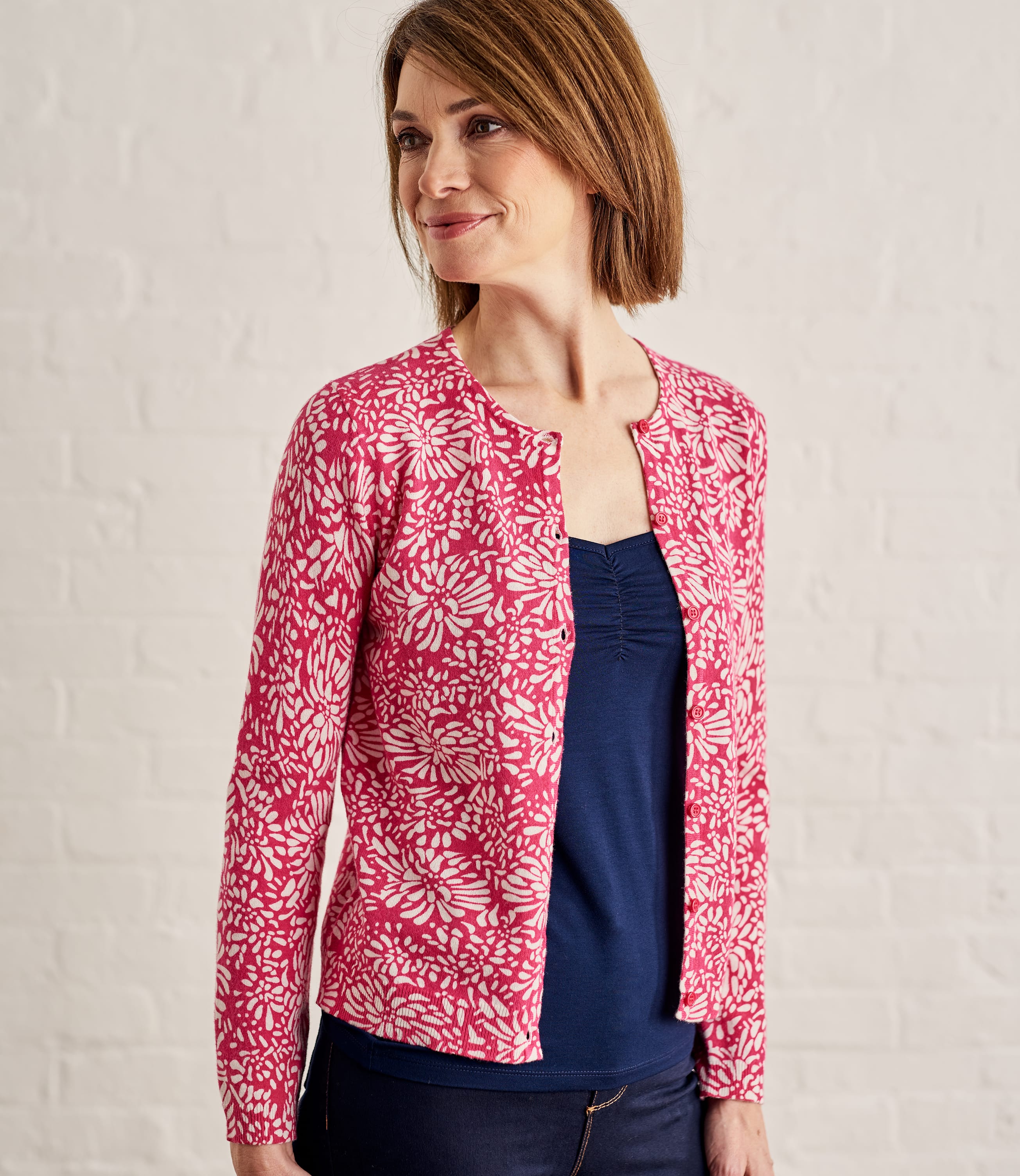 Fuchsia Pink/Cream | Womens Cotton Blend Print Cardigan | WoolOvers UK