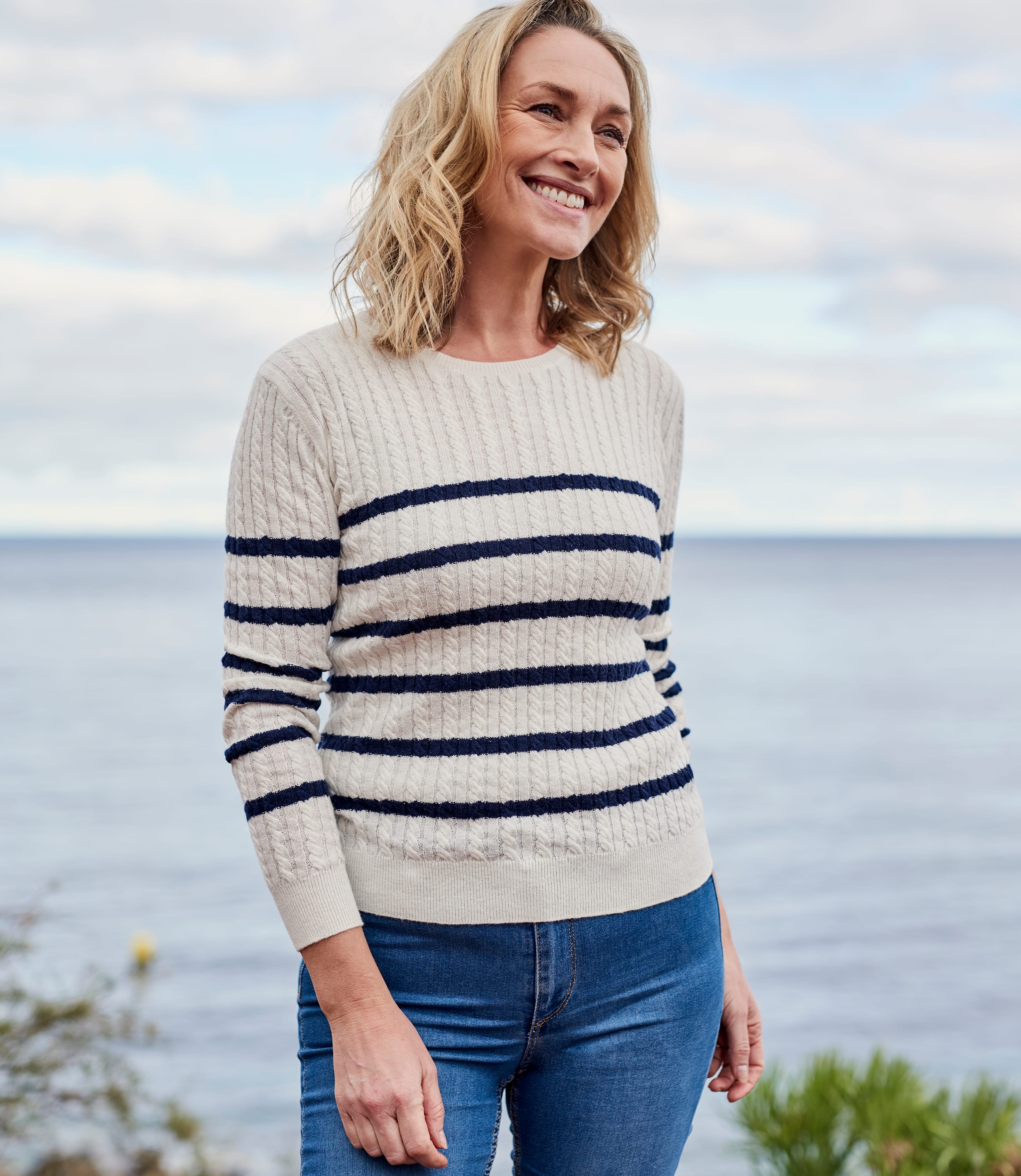 Navy/Cream 50% Cotton & 50% Wool | Womens Breton Stripe Cable Crew Neck ...