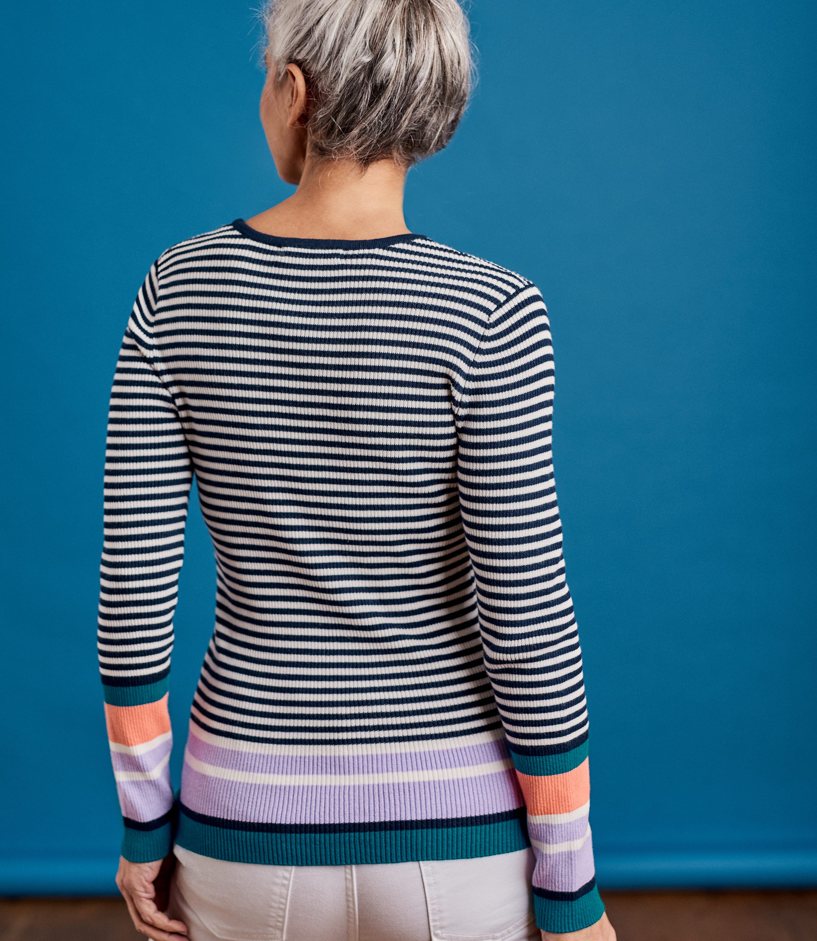 Navy/Cream/Multi Womens Contrast Stripe Ribbed Jumper WoolOvers AU