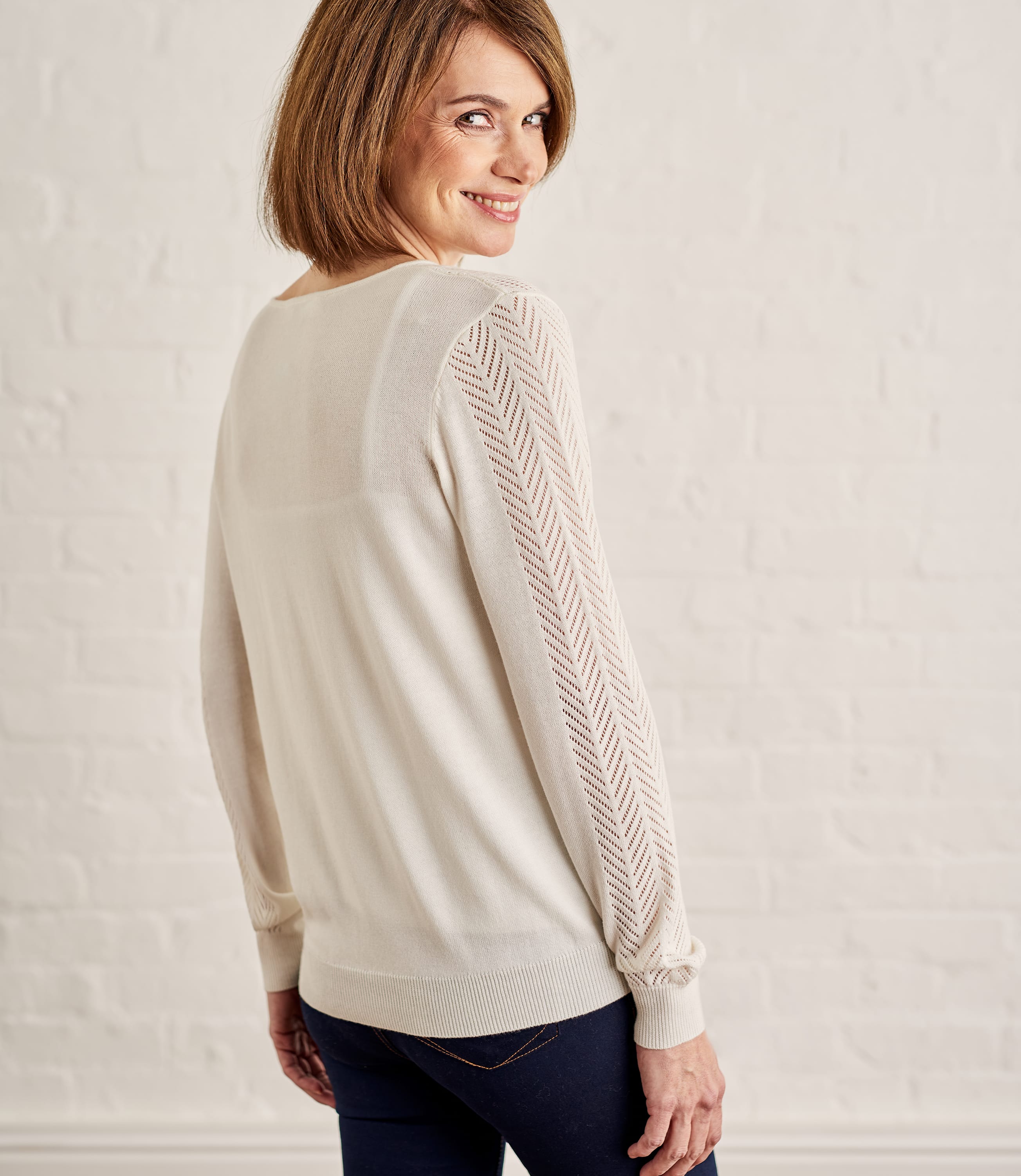 Cream | Womens Cotton Blend Pointelle Panel Jumper | WoolOvers AU