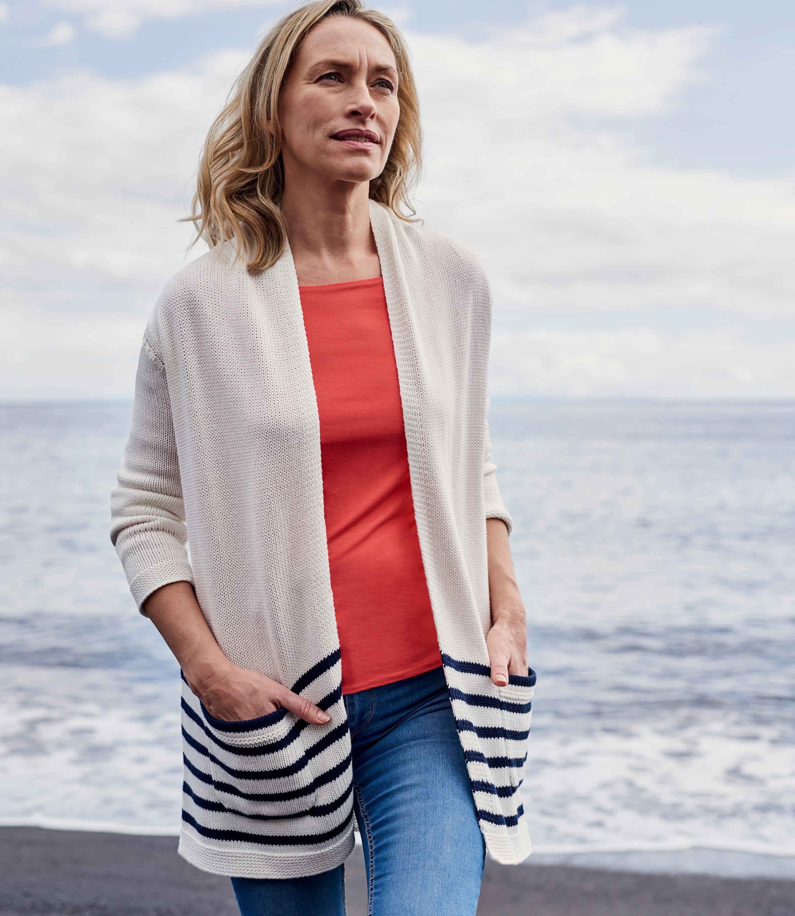 Navy/Cream | Womens Cotton Stripe Long Cardigan | WoolOvers AU