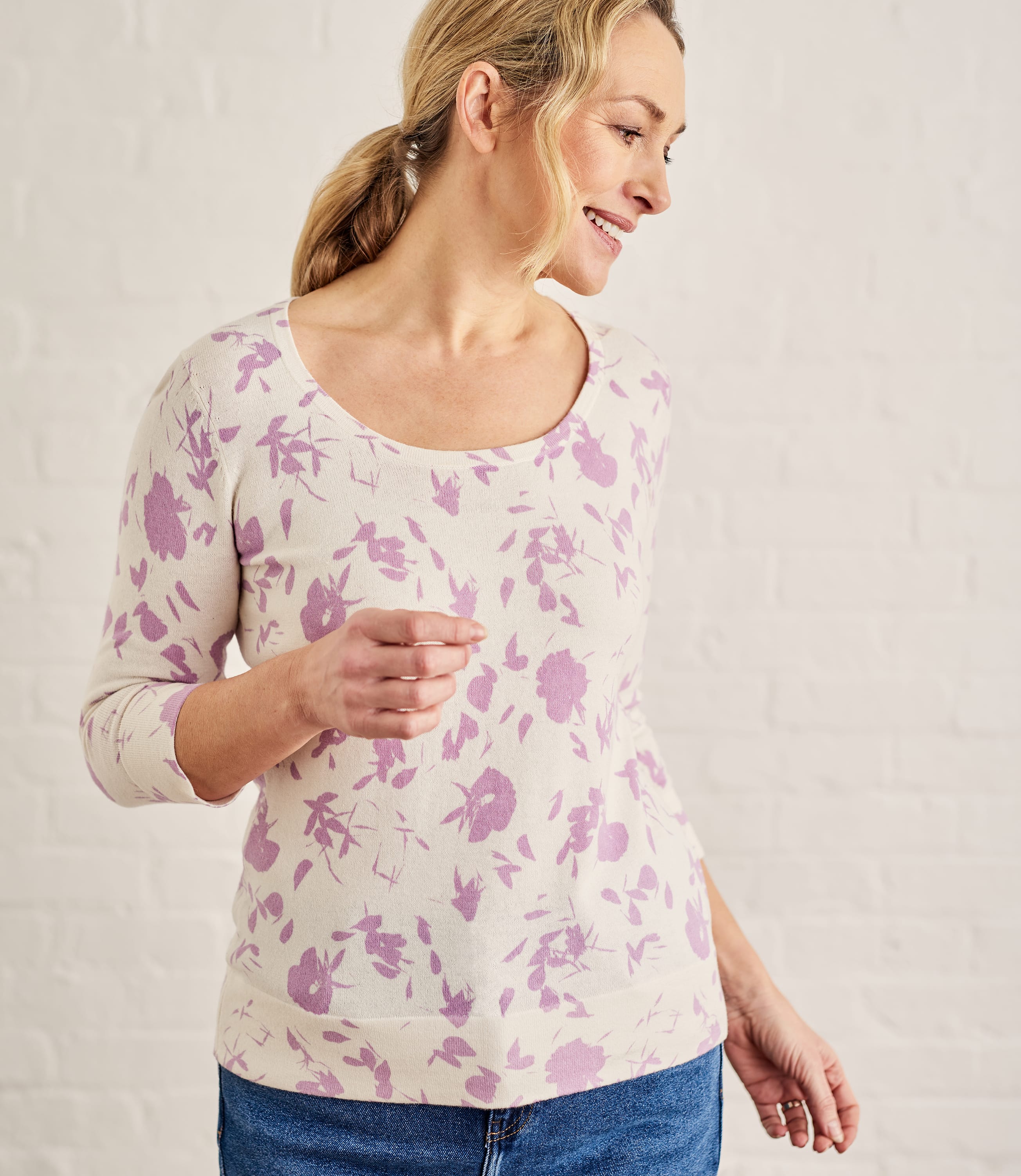 Cream/Thistle | Womens Floral Printed Scoop Neck Jumper | WoolOvers UK