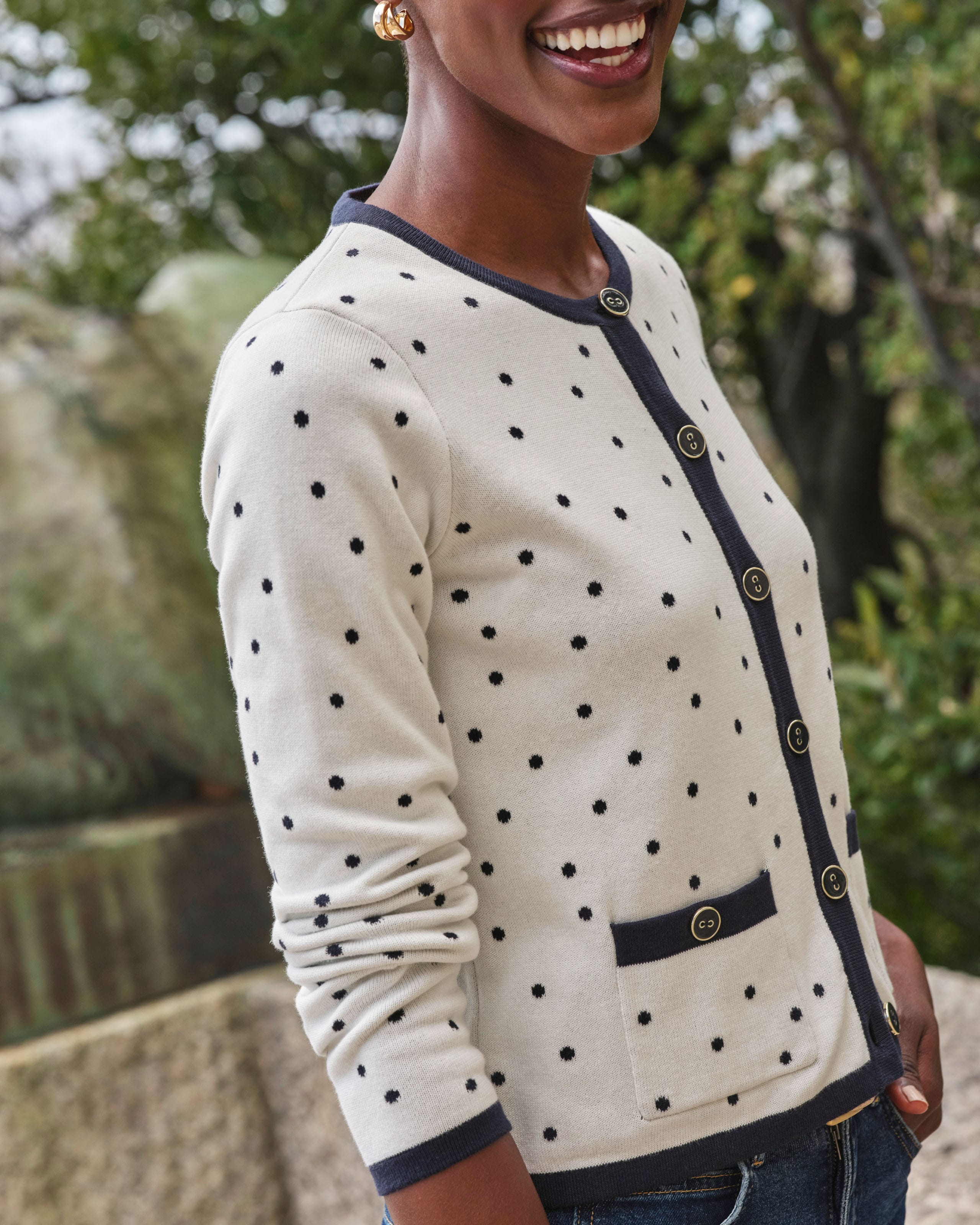 White/Navy | Cotton Spot Cardigan | WoolOvers US