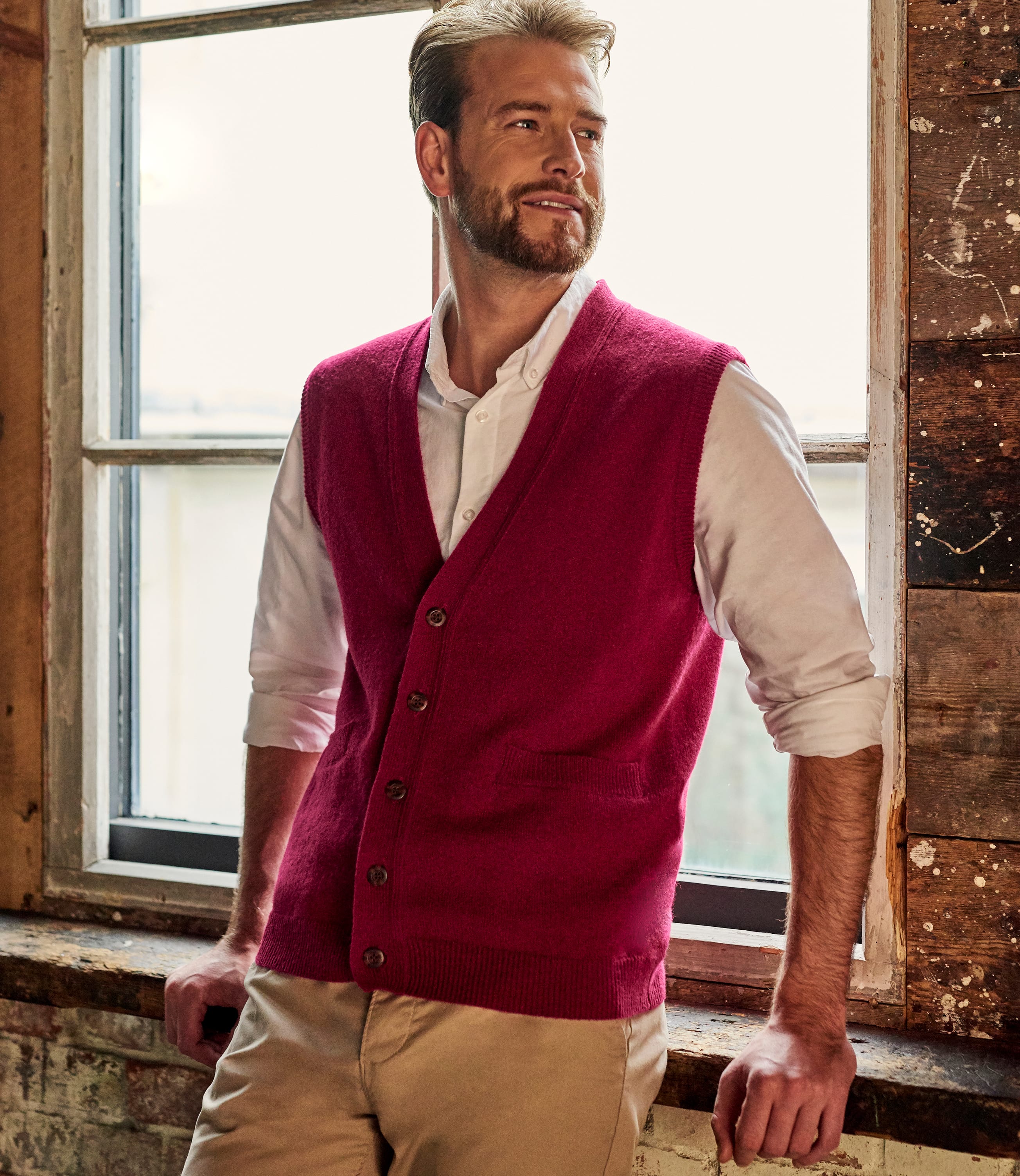 Wine | Mens Lambswool Knitted Vest | WoolOvers US