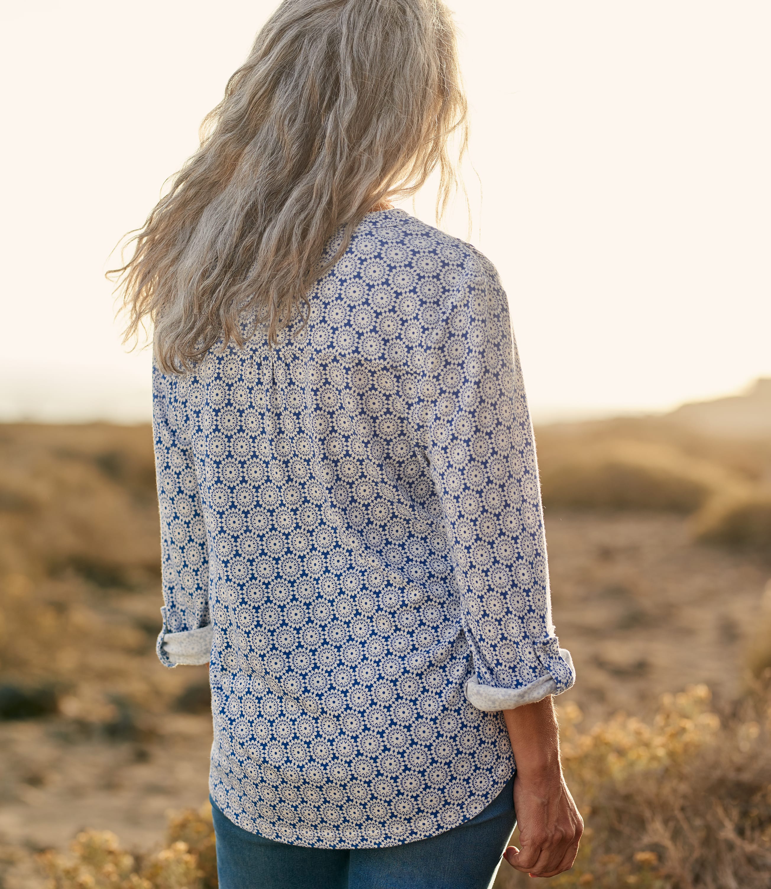 Indigo Tile Print Womens Grandad Collar Shirt WoolOvers UK