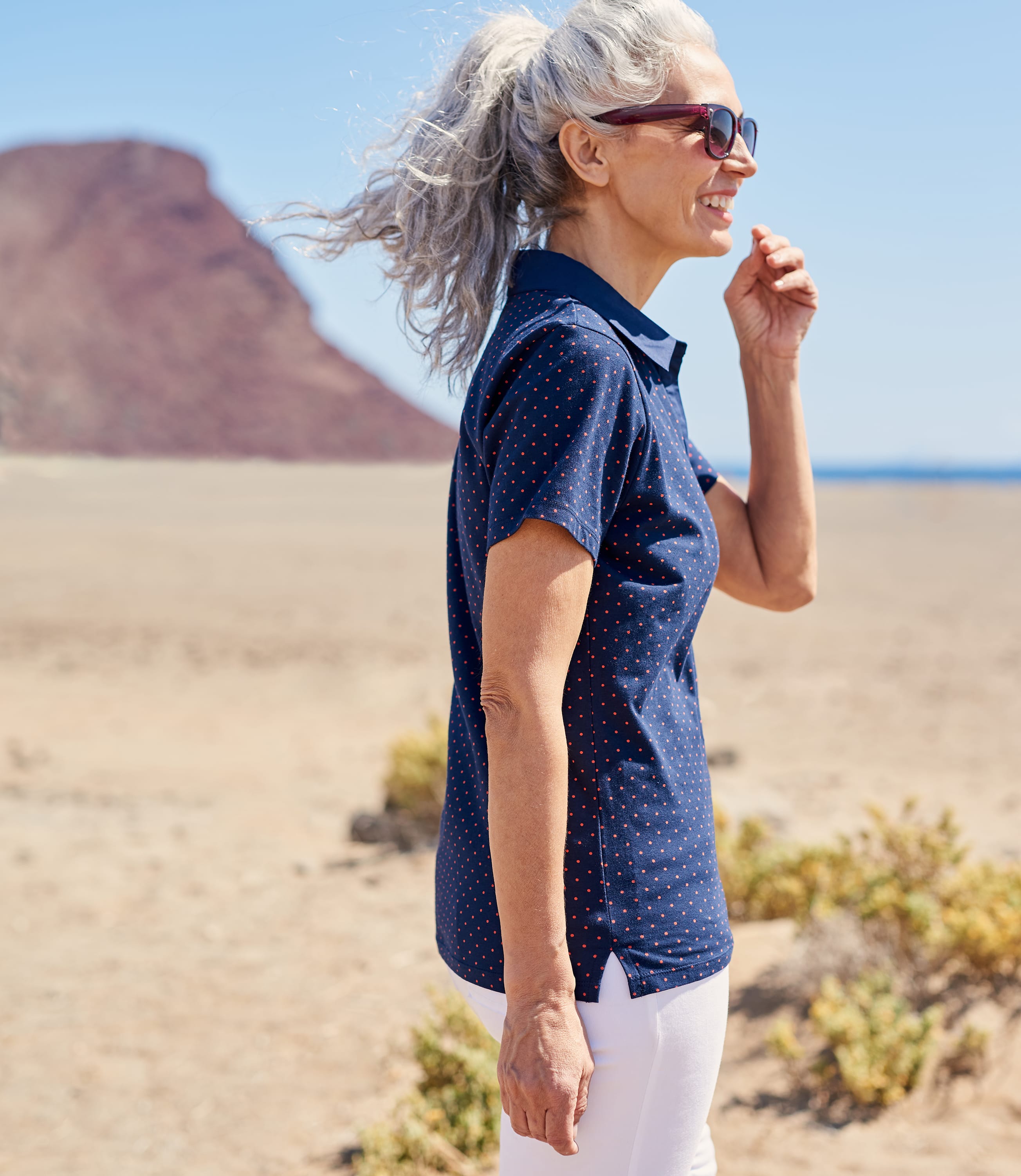 Navy/Coral Womens Jersey Polo Shirt WoolOvers UK