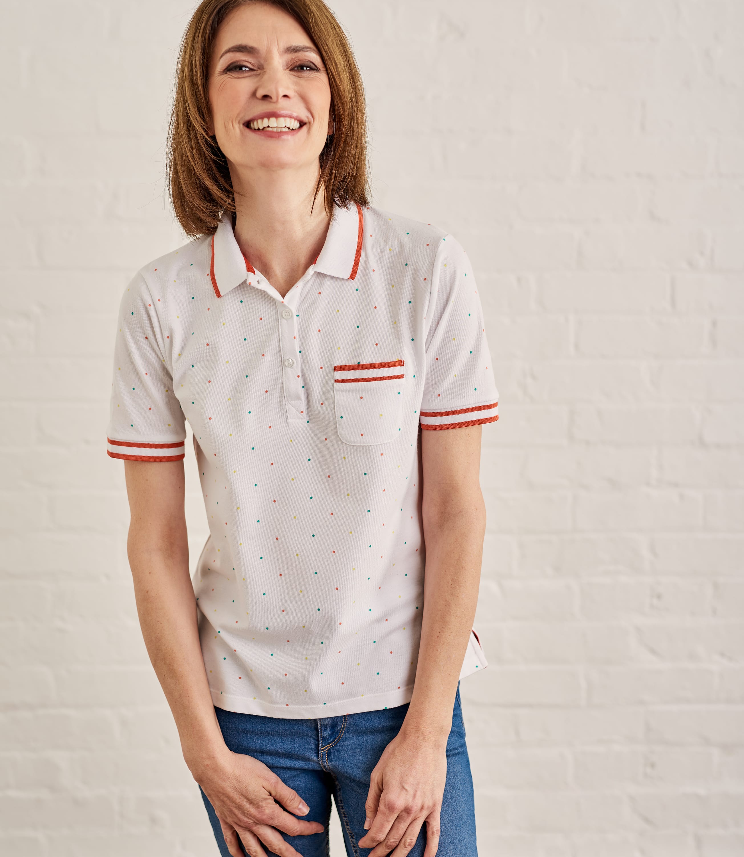 White/Multi Spot Pure Cotton | Womens Cotton Pique Polo Shirt With Tipping