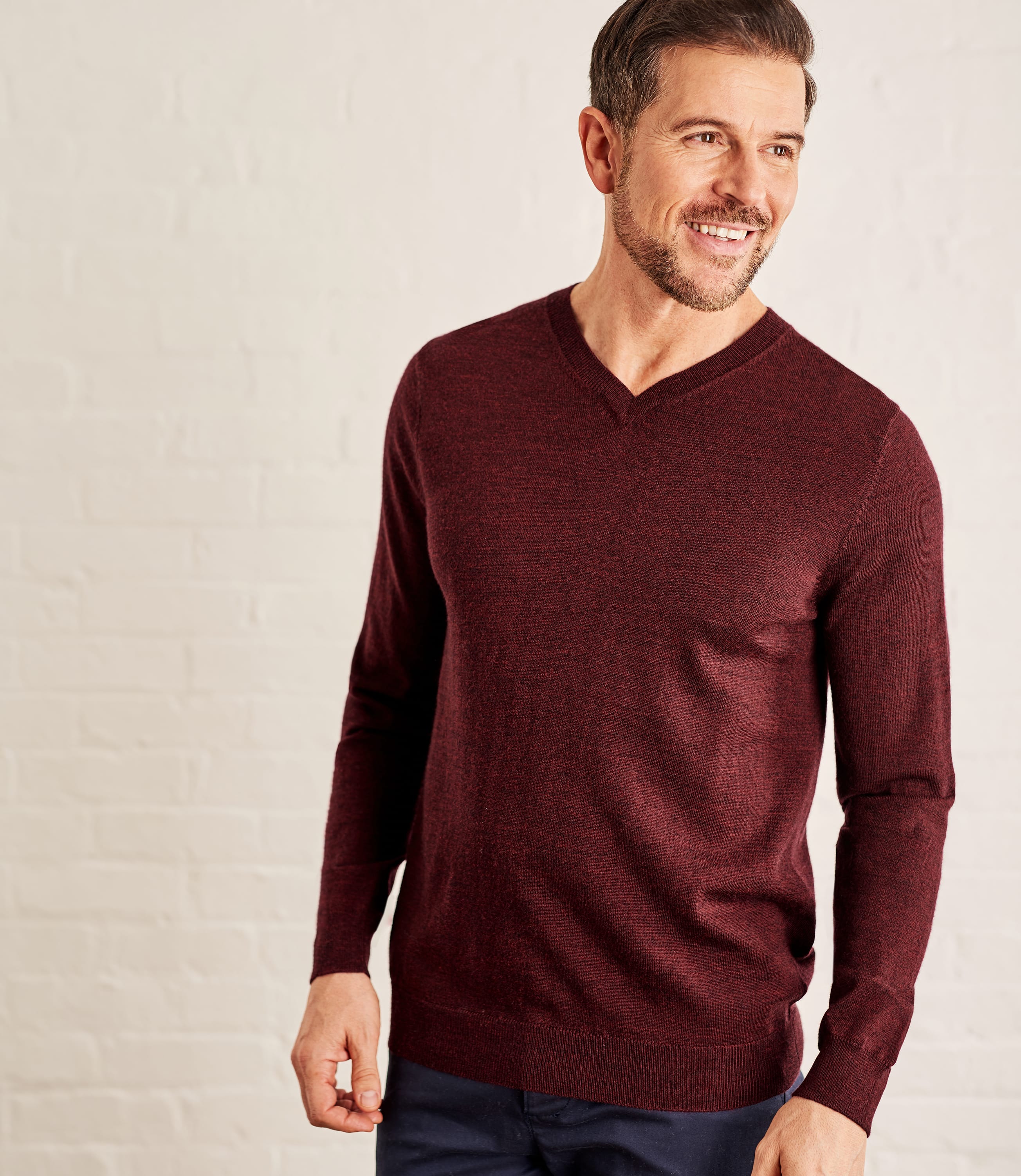 Merlot Mens Luxurious Merino V Neck Jumper Woolovers Uk