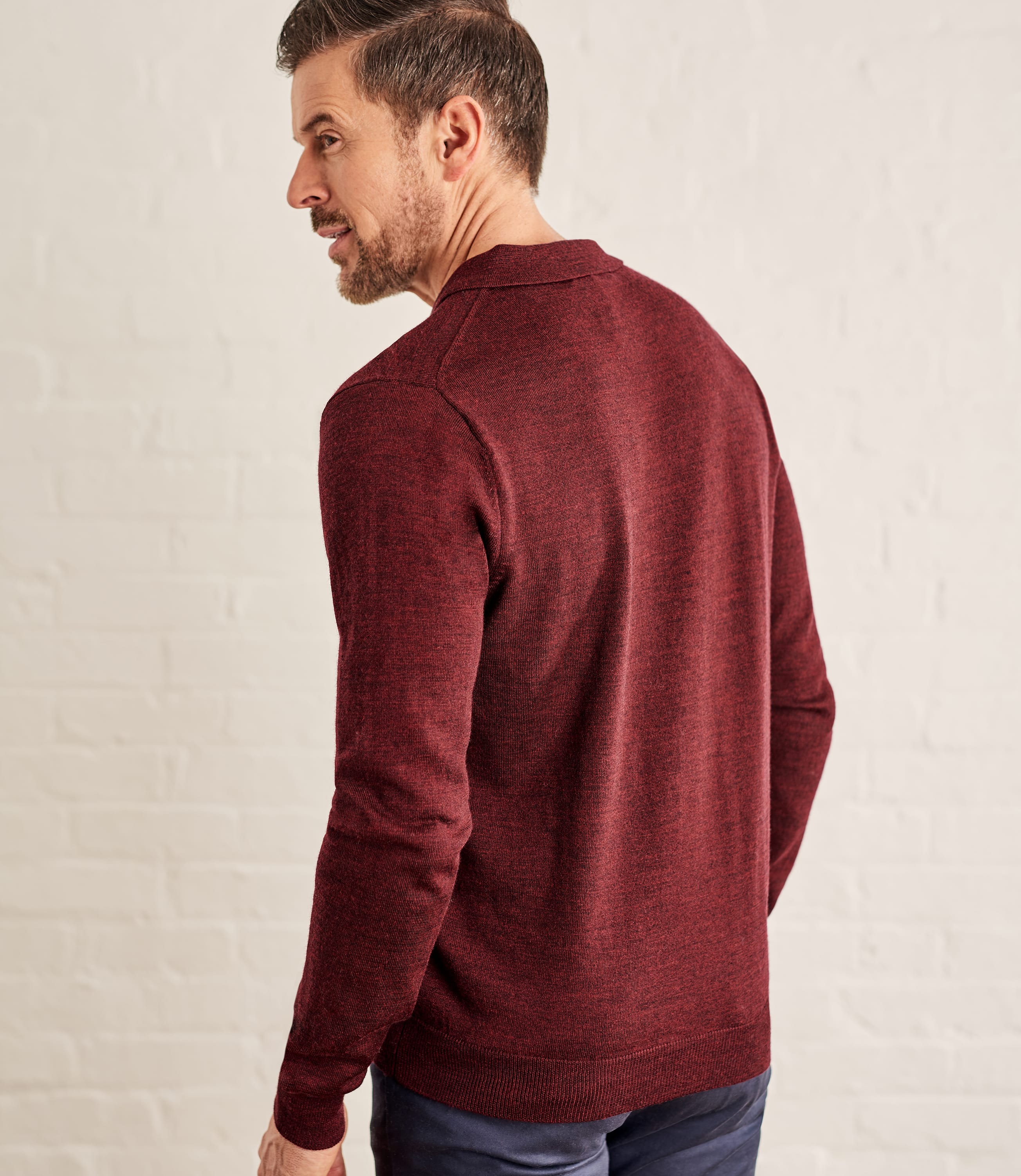 Merlot | Mens New Merino Long Sleeve Polo Shirt | WoolOvers UK