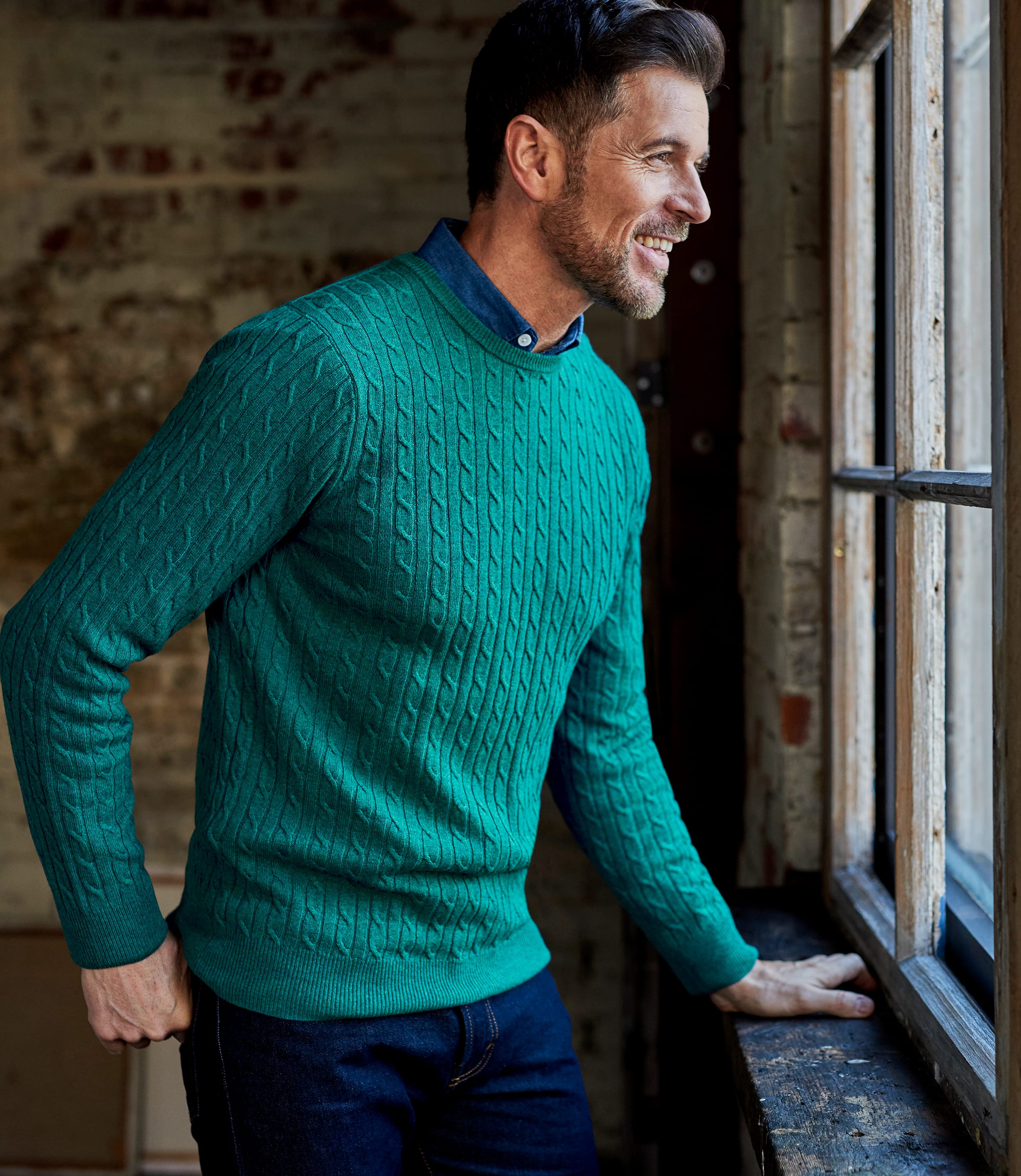 Deep Teal Marl | Mens Cashmere & Merino Cable Crew Neck Sweater