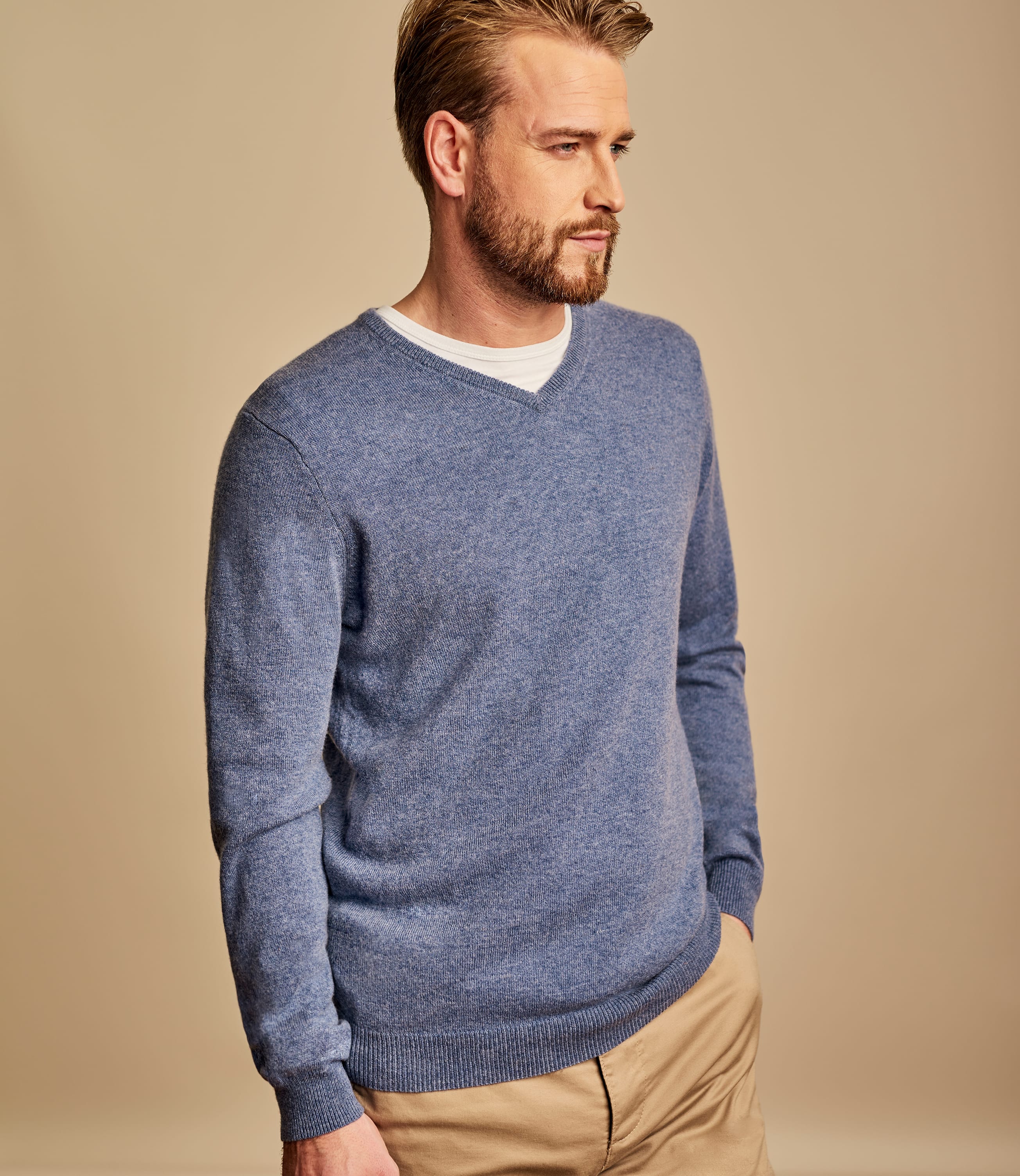 Mid Blue Marl | Mens Cashmere & Merino V Neck Knitted Sweater ...