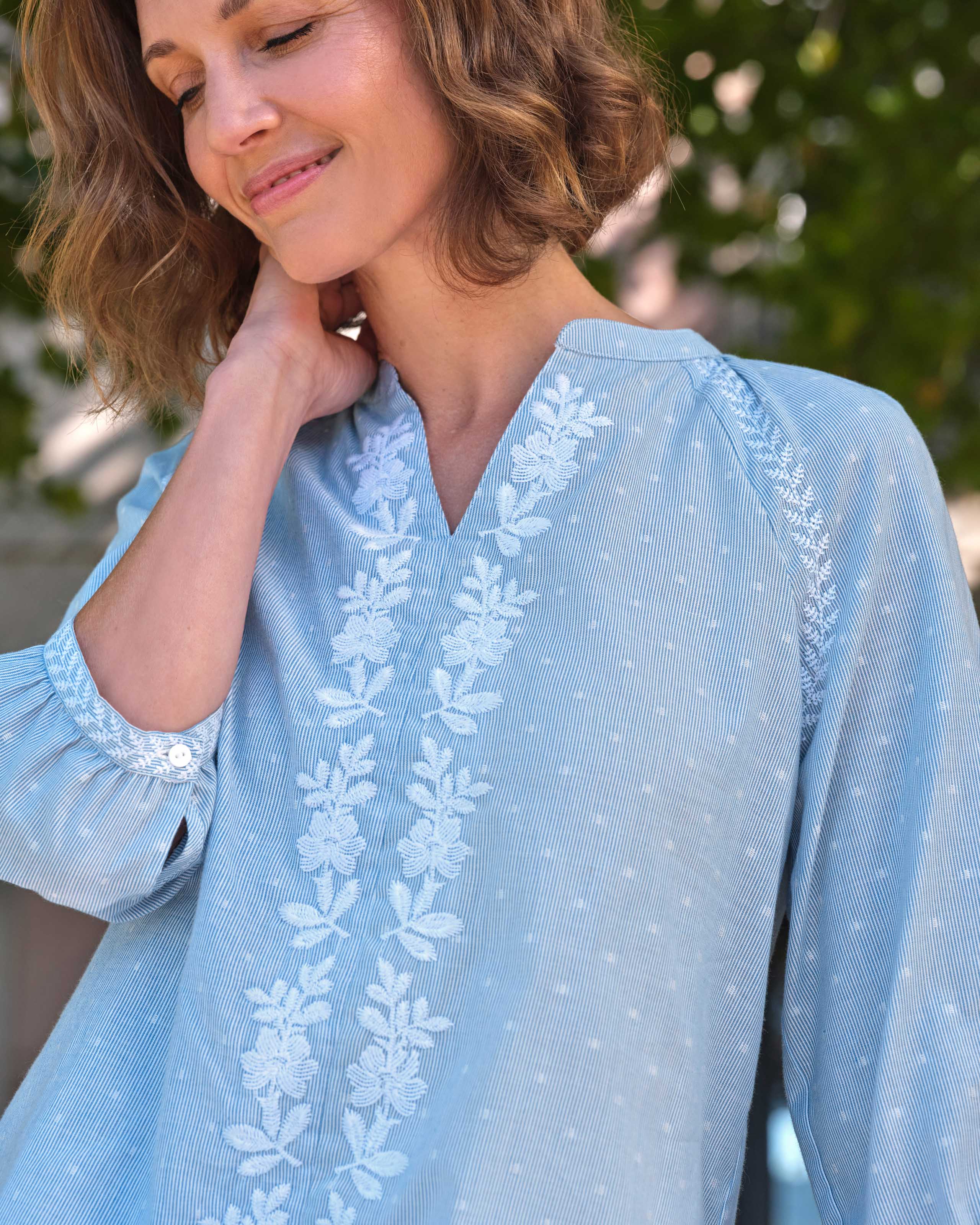 V Placket Blouse in Blue & White Stripe