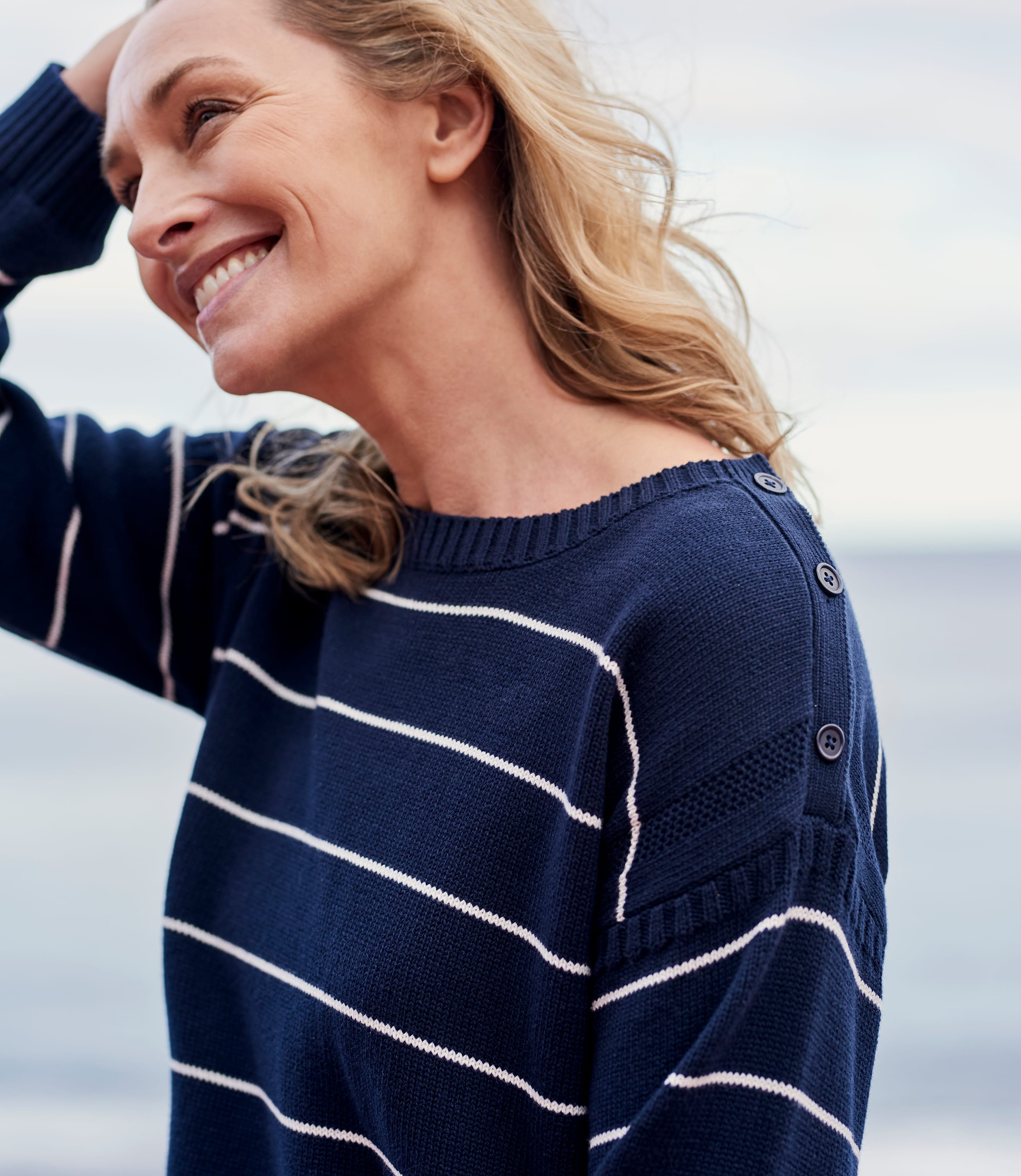 Navy/Cream Womens Cotton Stripe Guernsey Jumper WoolOvers UK