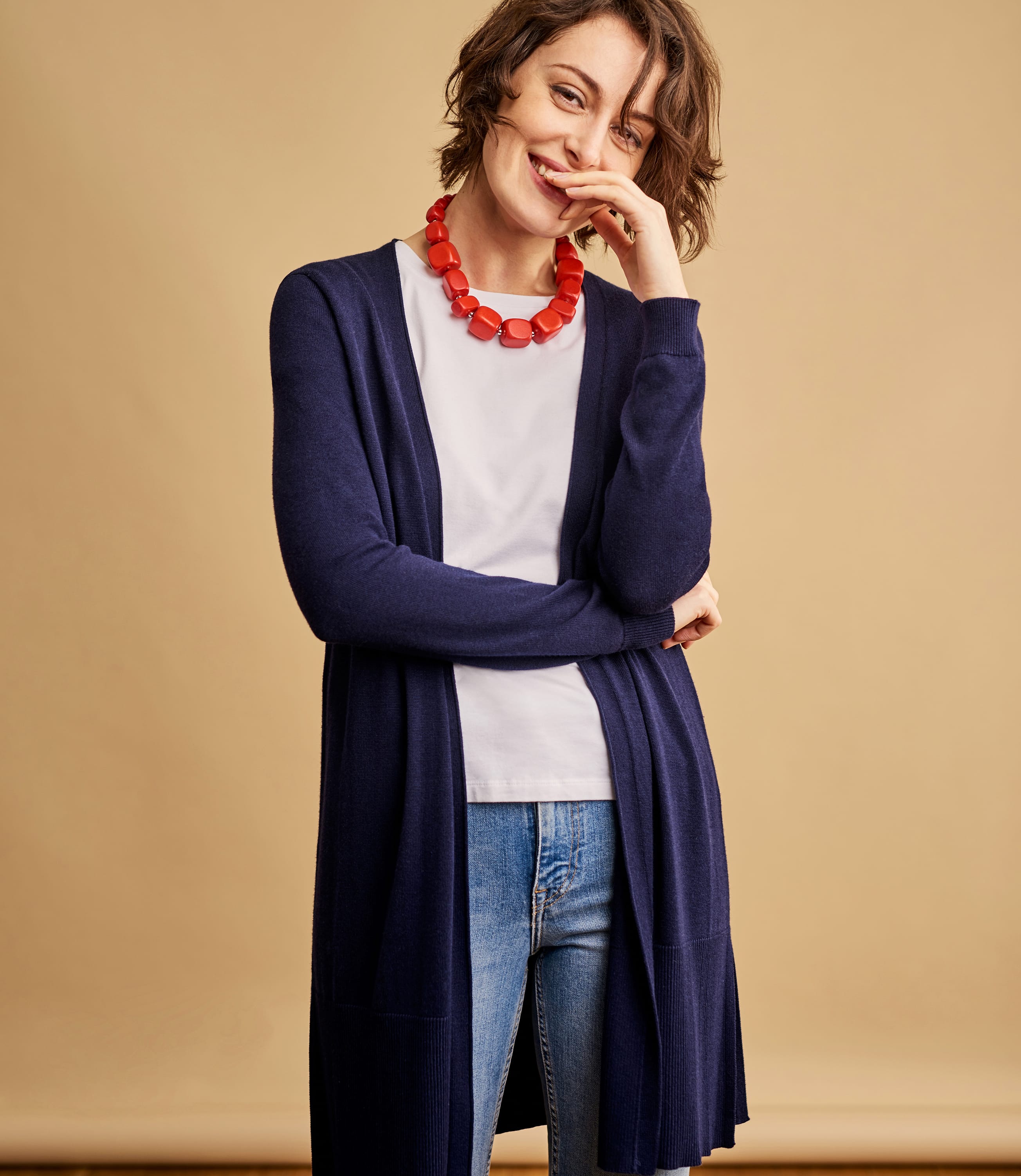 Navy | Womens Cotton Blend Long Line Deep Rib Cardigan | WoolOvers US