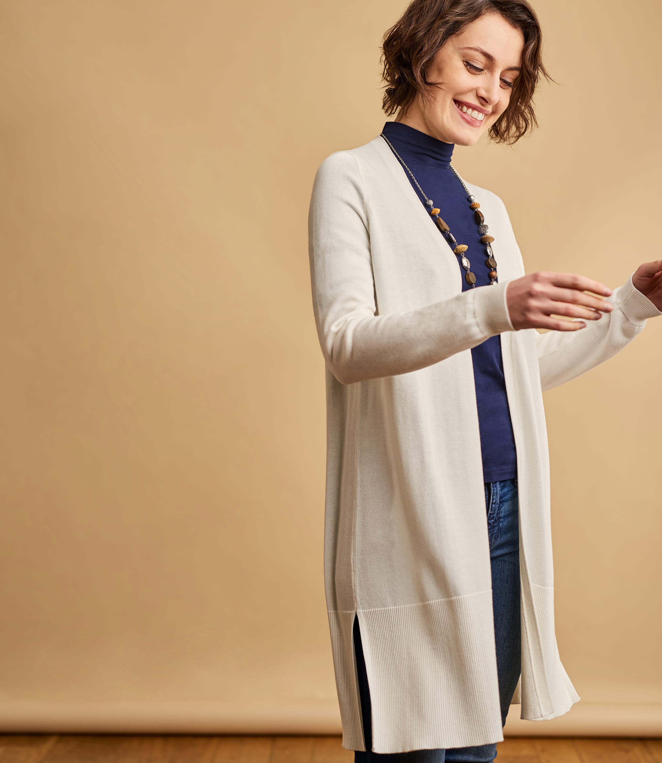 Cream | Womens Cotton Blend Long Line Deep Rib Cardigan | WoolOvers UK