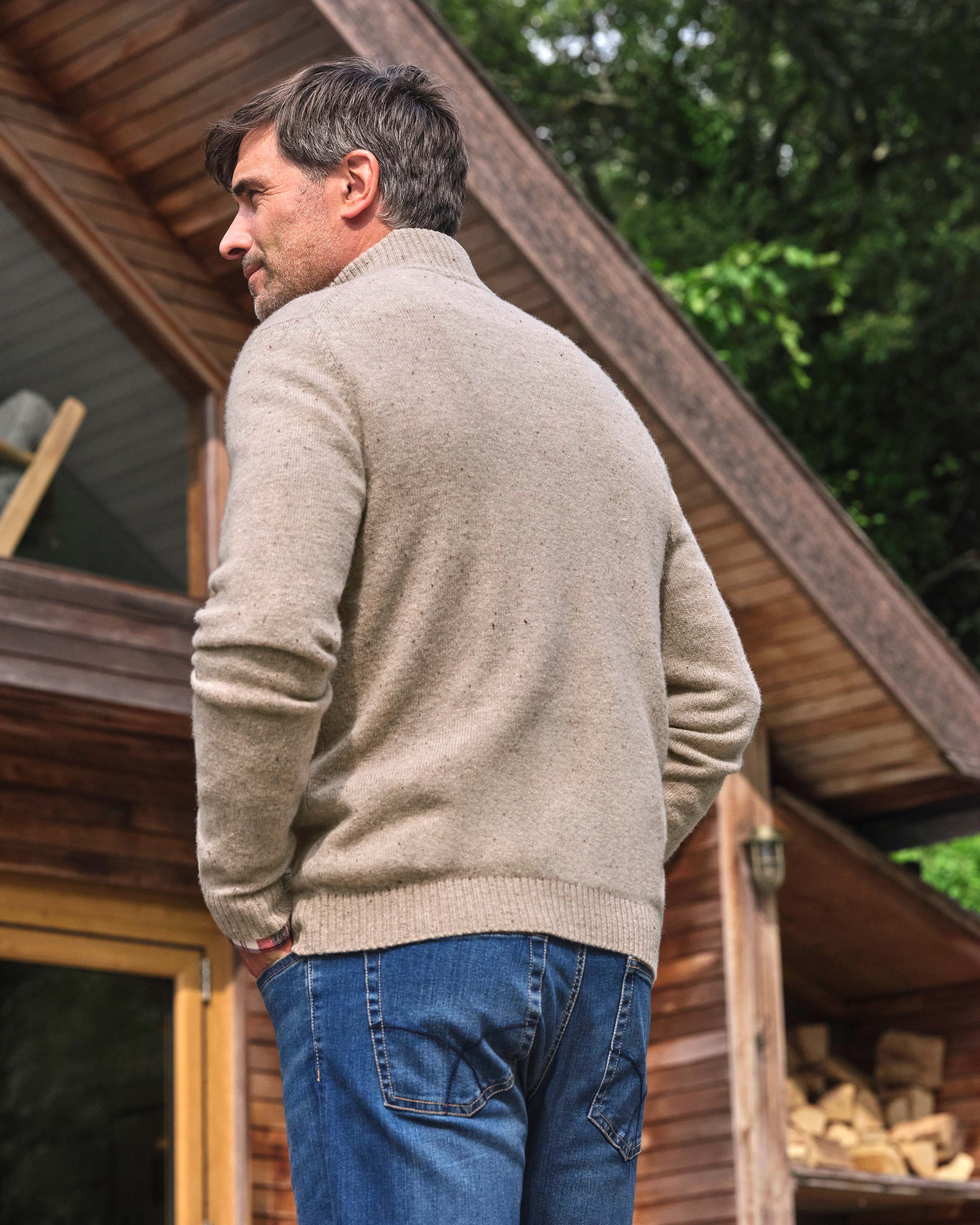 Oat Marl Mens Lambswool Zip Neck Jumper Woolovers Uk 