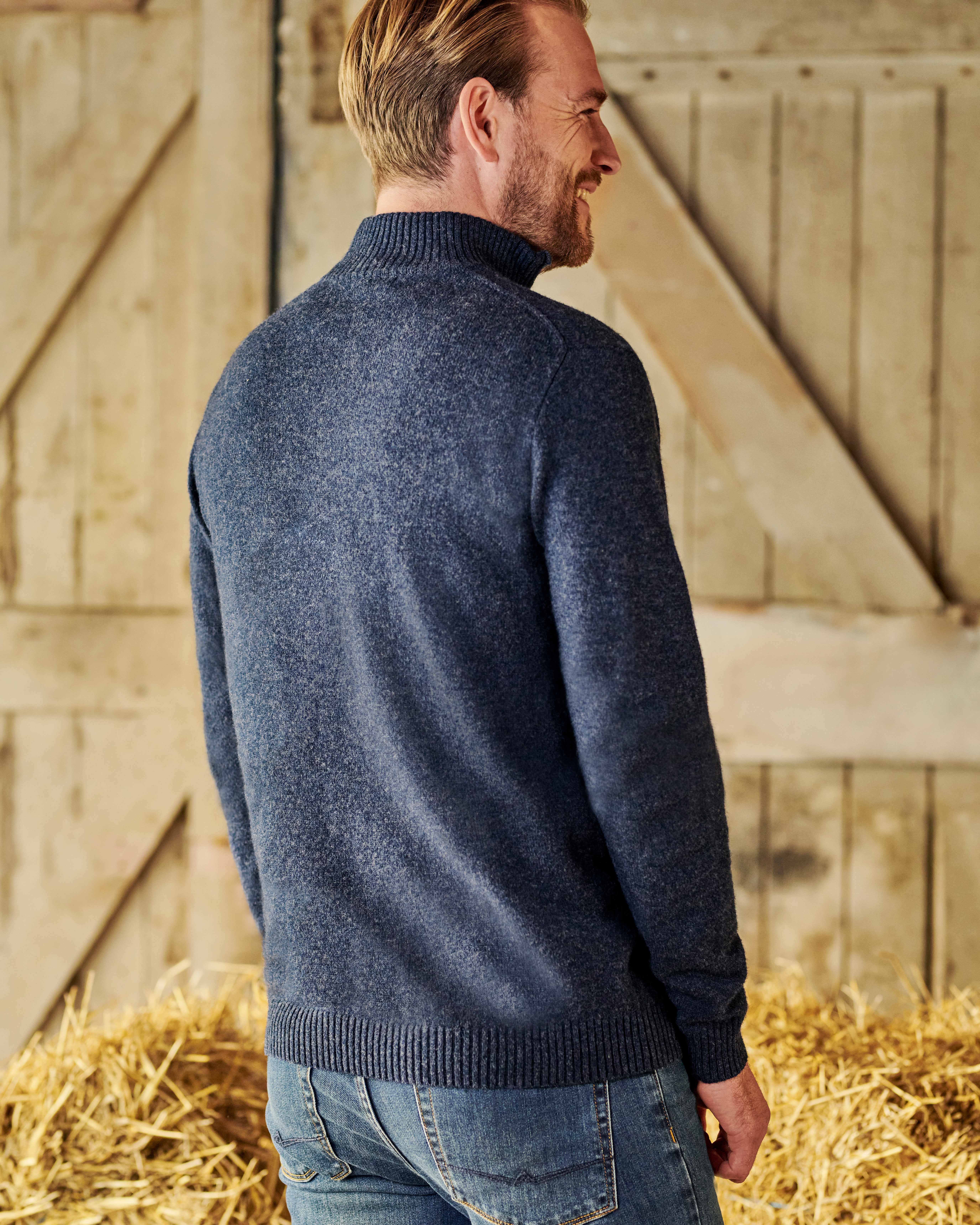 Denim Marl Mens Lambswool Zip Neck Jumper WoolOvers UK