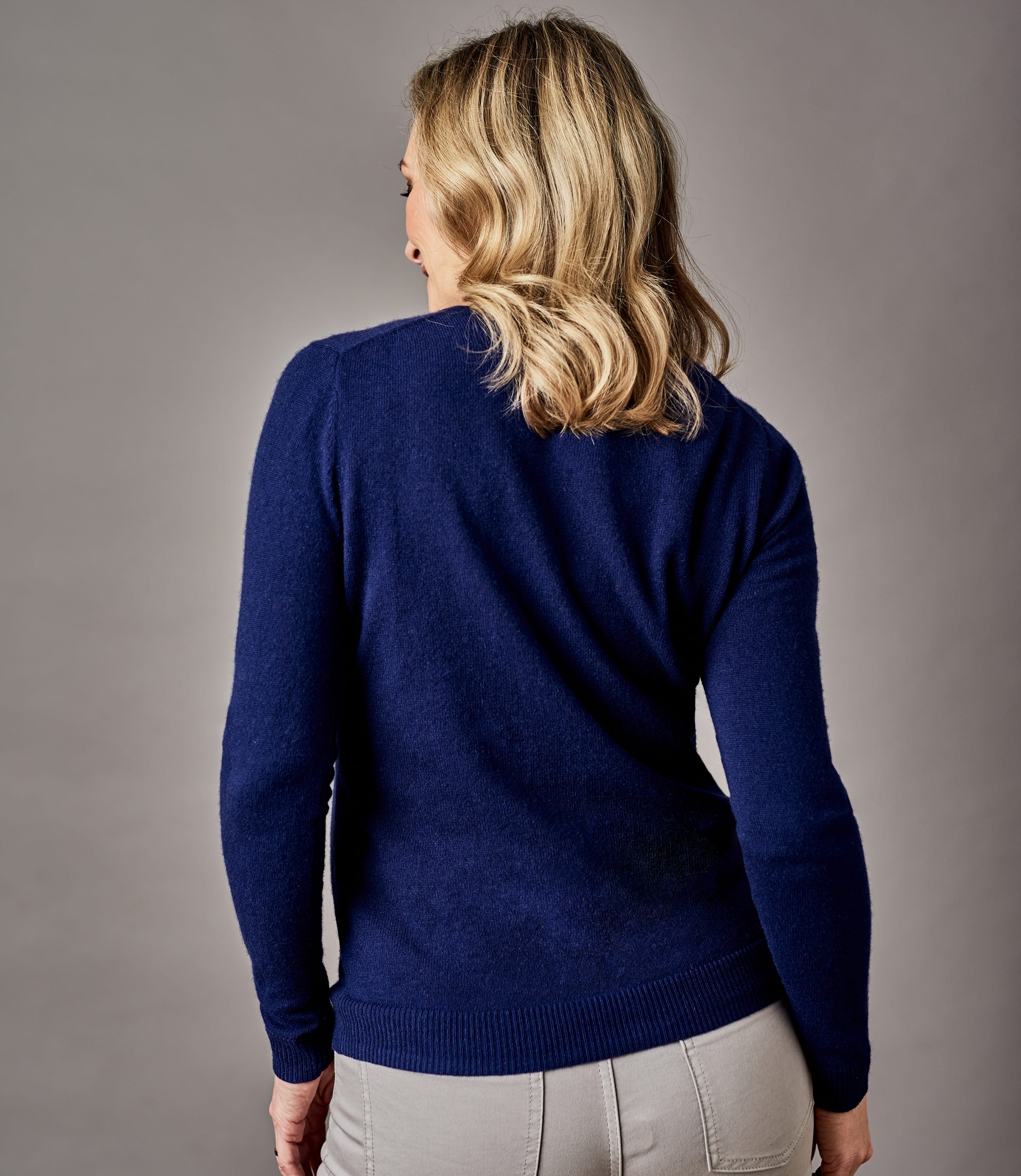 True Navy Womens Pure Cashmere Crew Neck Cardigan WoolOvers UK