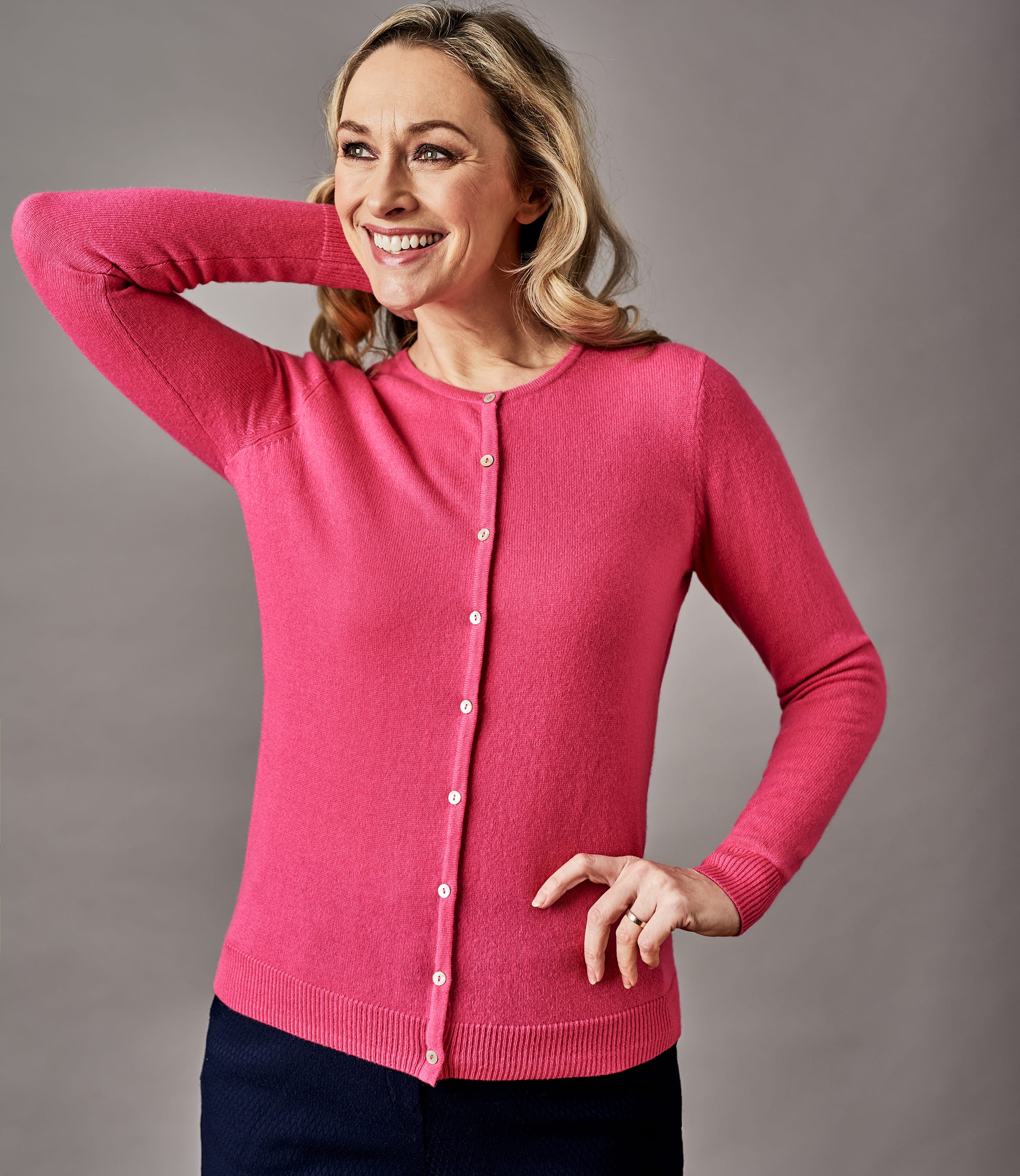Pink Rose | Womens Pure Cashmere Crew Neck Cardigan | WoolOvers US