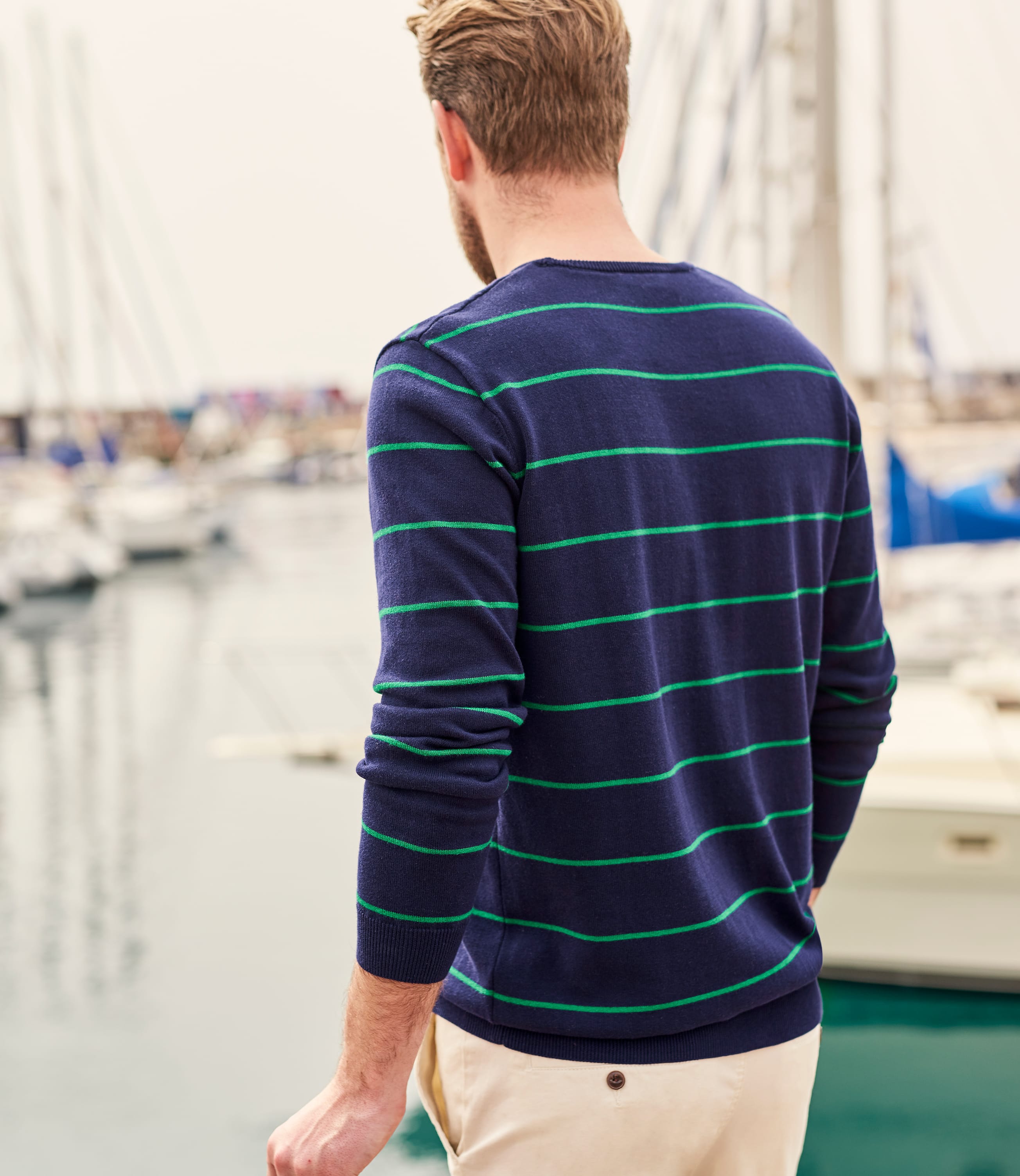 Navy/Green | Mens 100% Cotton Wide Stripe Jumper | WoolOvers AU