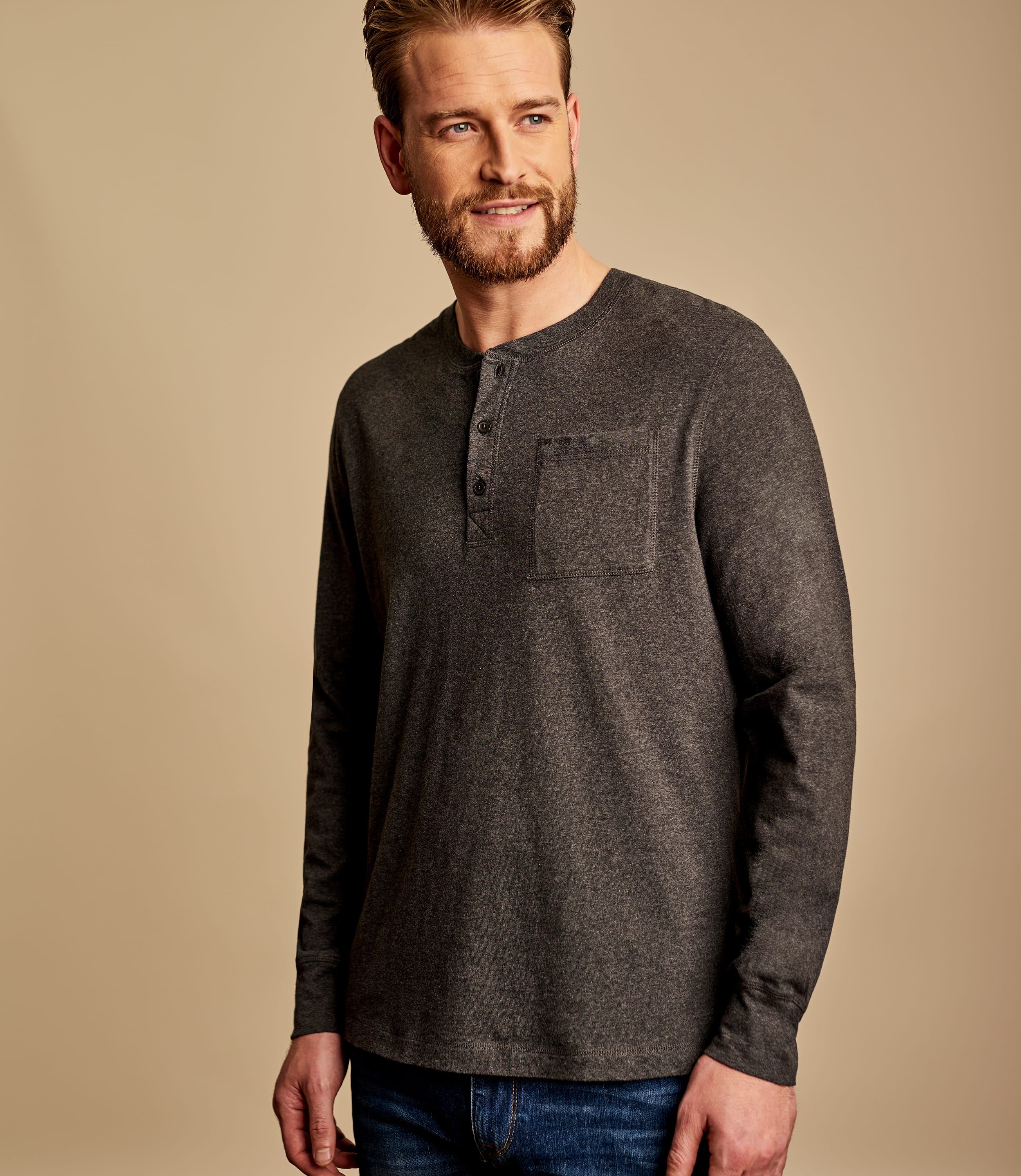 Charcoal | Mens Henley Button Long Sleeve T-shirt | WoolOvers UK