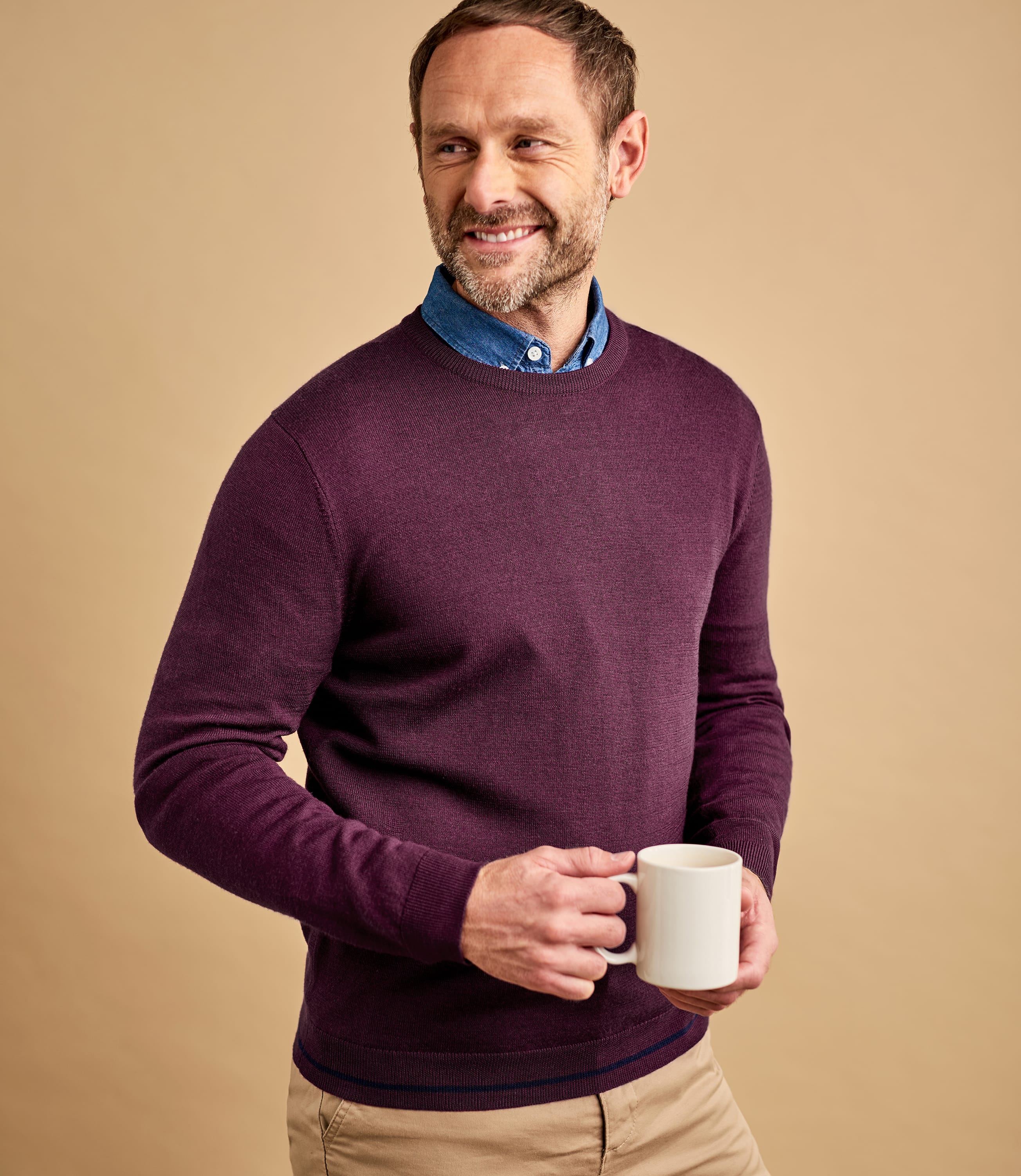 Boysenberry/Navy | Mens 100% Merino Tipped Crew Neck Sweater | WoolOvers US