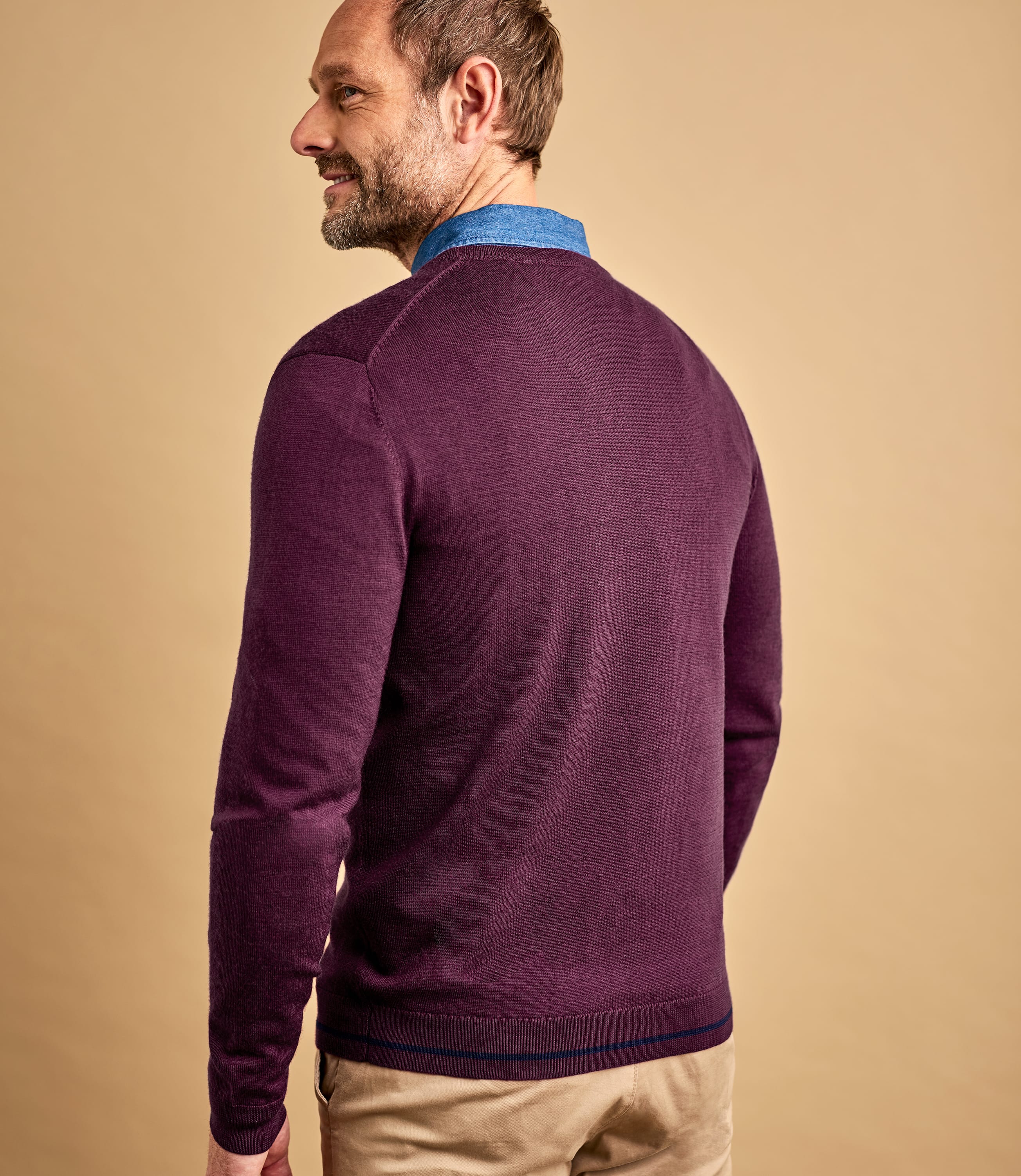 Boysenberry/Navy | Mens 100% Merino Tipped Crew Neck Sweater | WoolOvers US