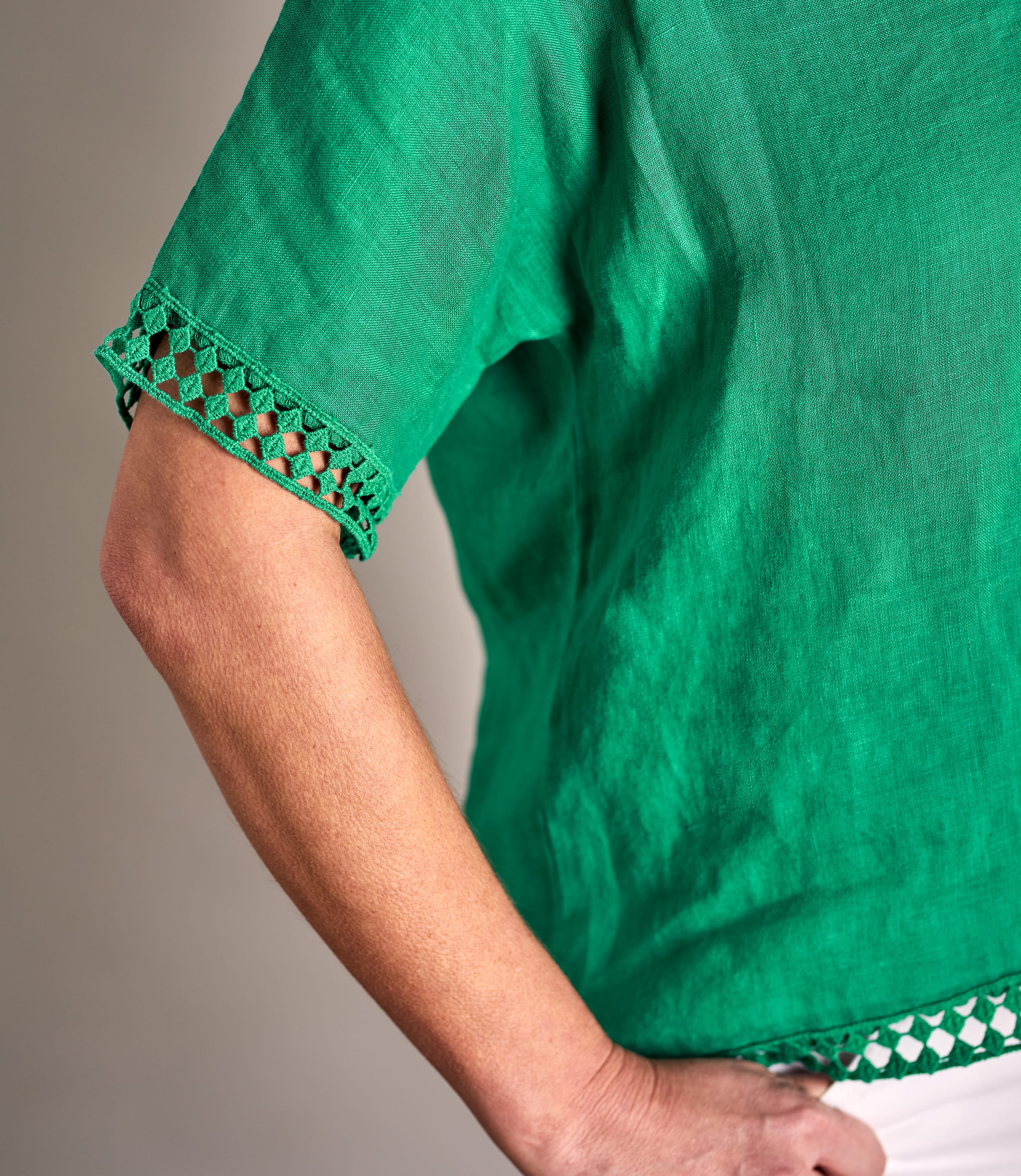 Turquoise Womens Lace Trim Vee Neck Linen Top WoolOvers UK