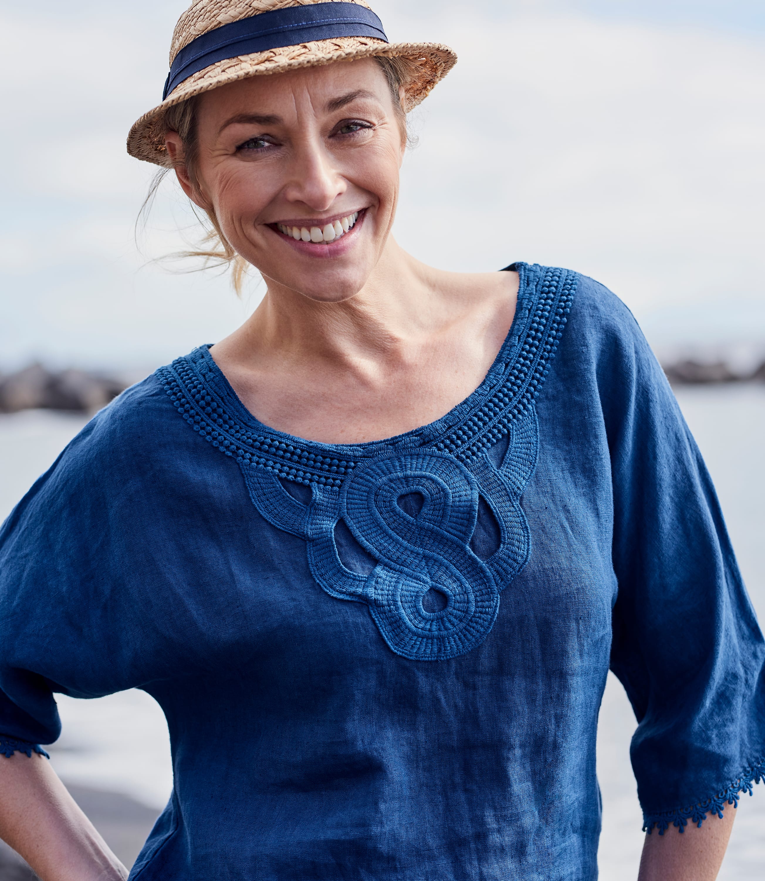 Light Navy Womens 3/4 Sleeve Top With Detailed Placket WoolOvers US