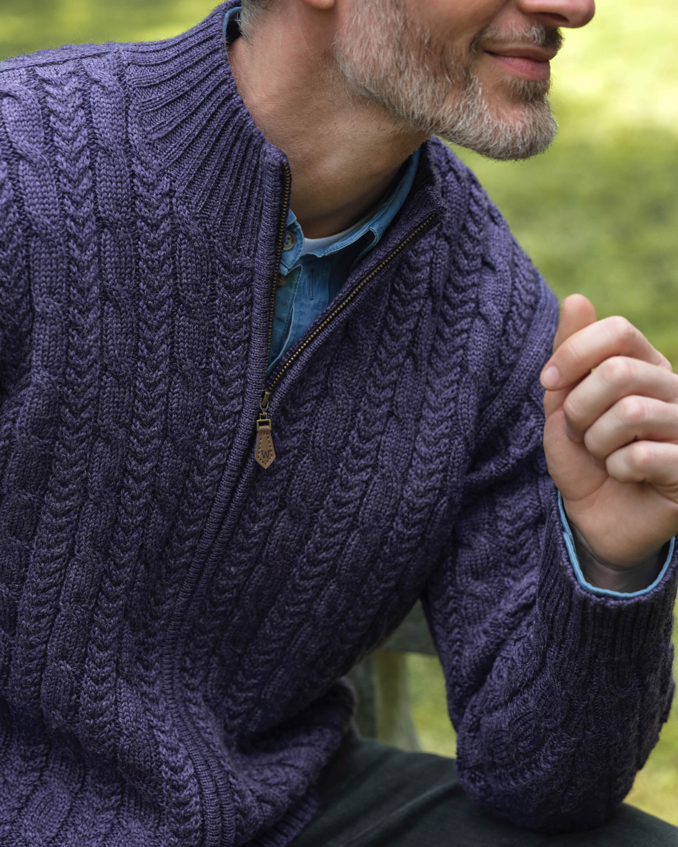 Fig Purple | Pure Wool Cable Zip Through Cardigan | WoolOvers UK