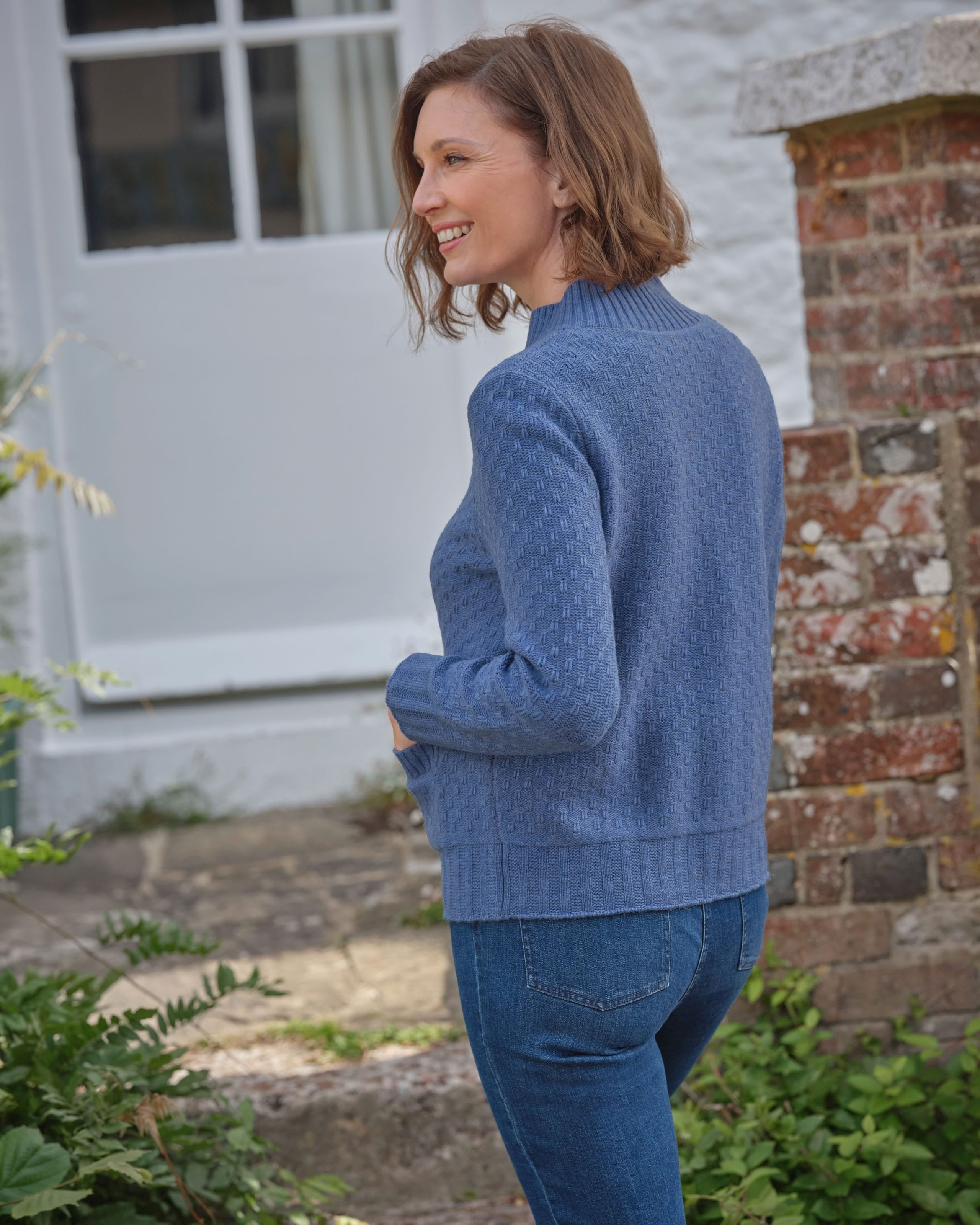Blue Funnel Neck Button Up Knitted Cardigan