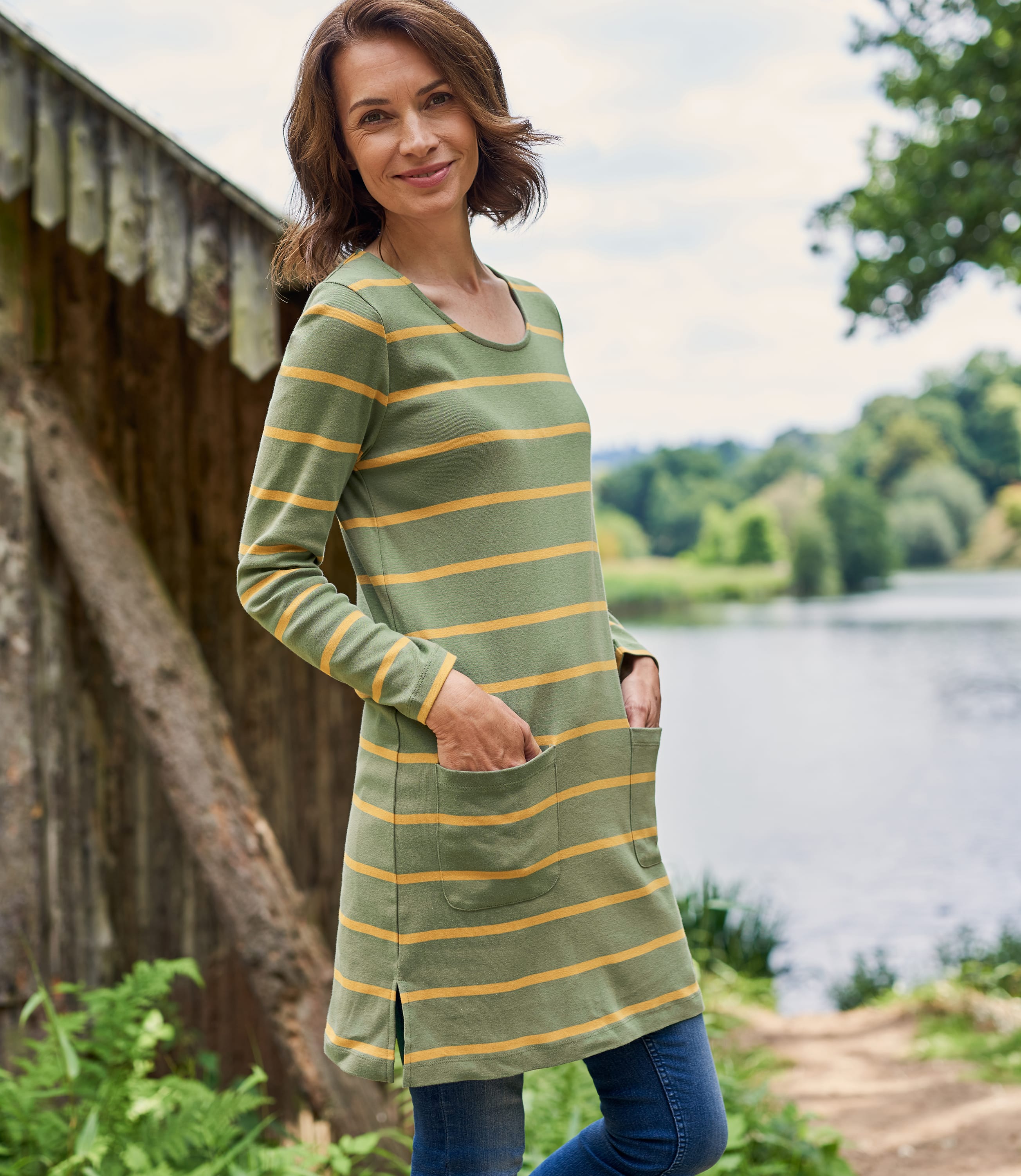 Green/Yellow Stripe Womens Pure Cotton A Line Tunic WoolOvers UK
