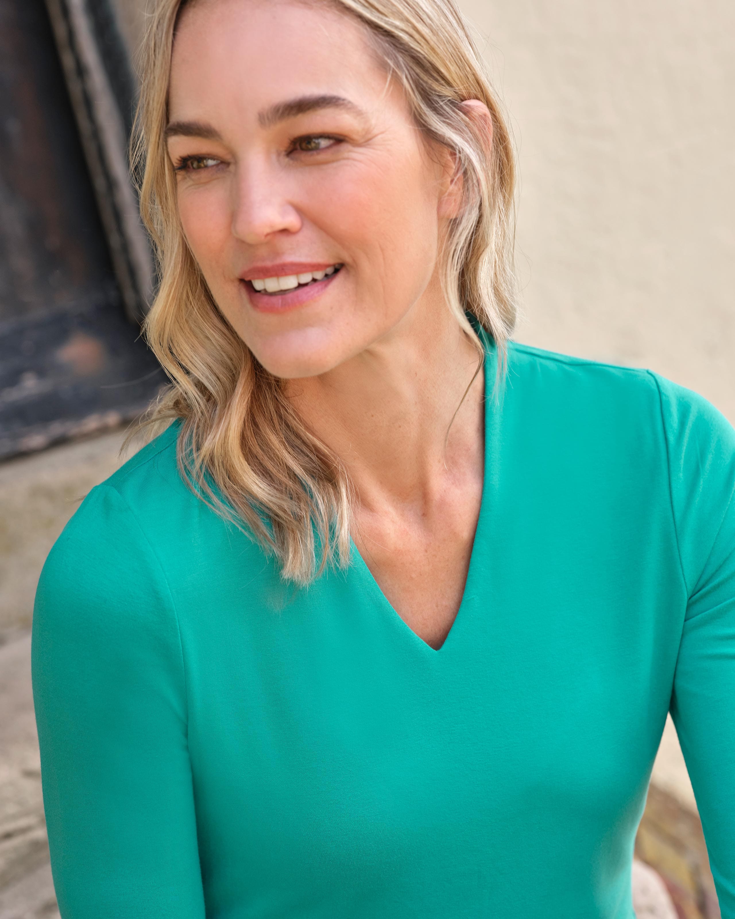 Viridian Green | Jersey High V Neck Top | WoolOvers US