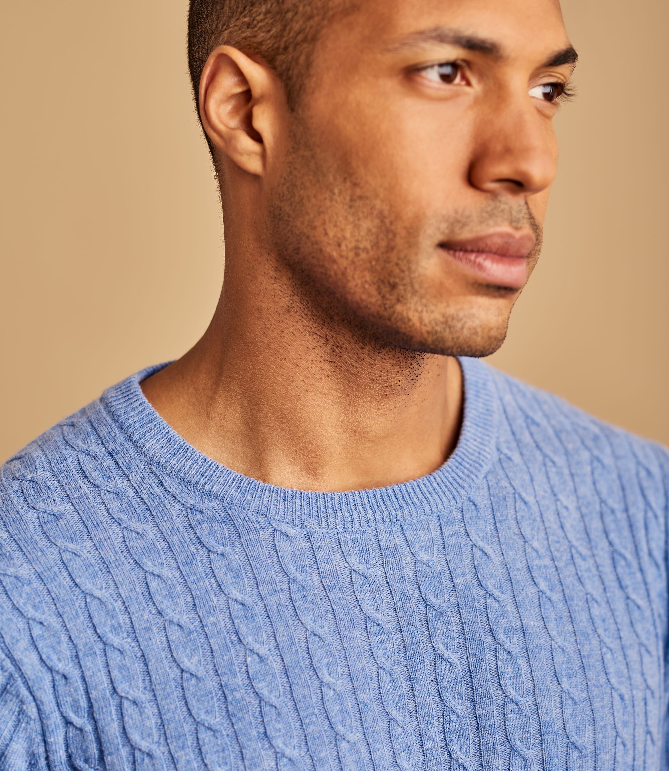 Sky Blue | Mens Cashmere & Merino Cable Crew Neck Sweater | WoolOvers US