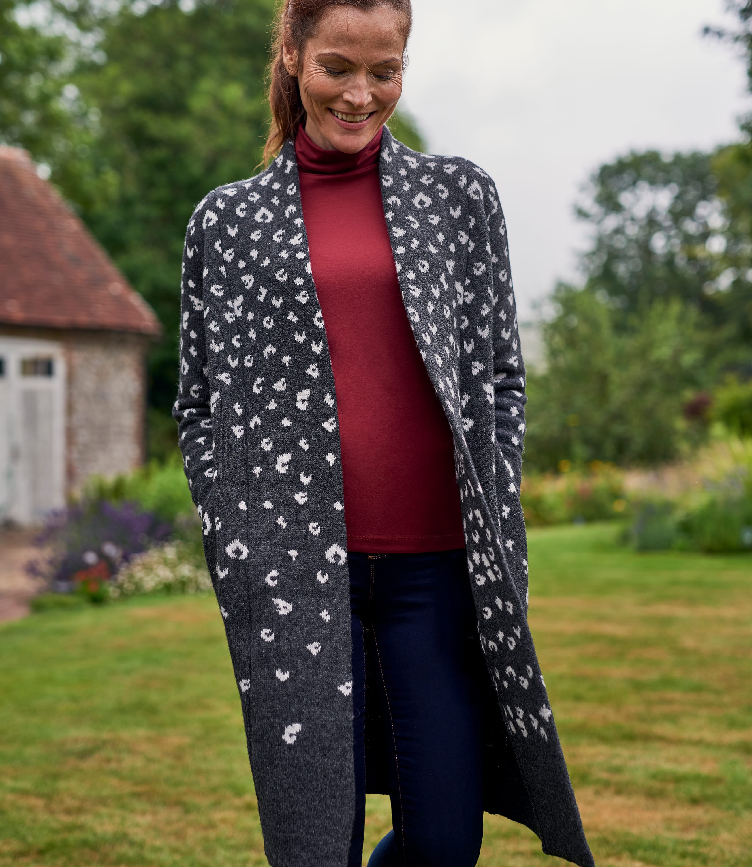 Charcoal/Dove Grey | Womens 100% Lambswool Faded Leopard Print Coatigan