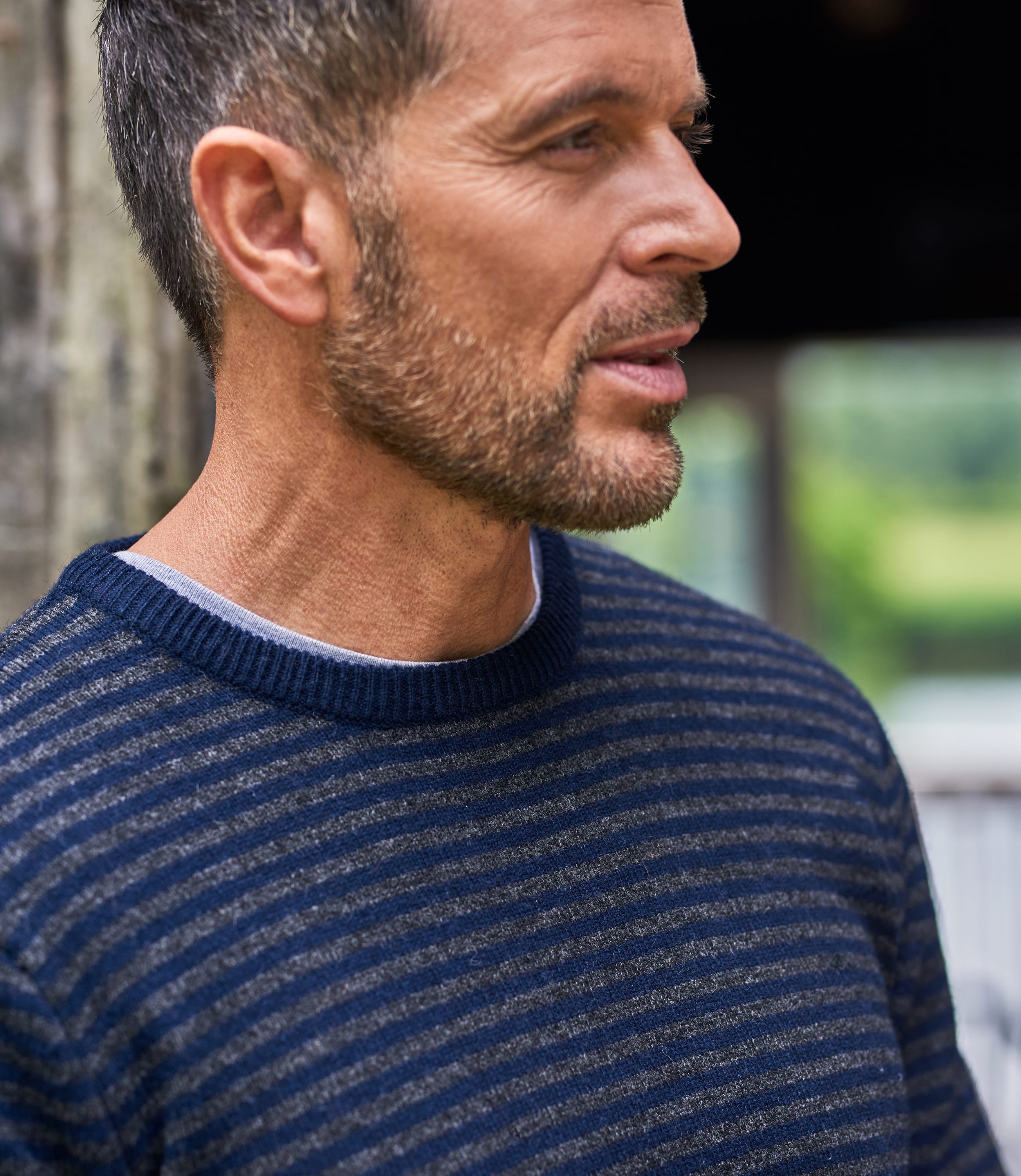 Navy/Charcoal/Orange | Mens Lambswool Tipped Stripe Jumper | WoolOvers UK