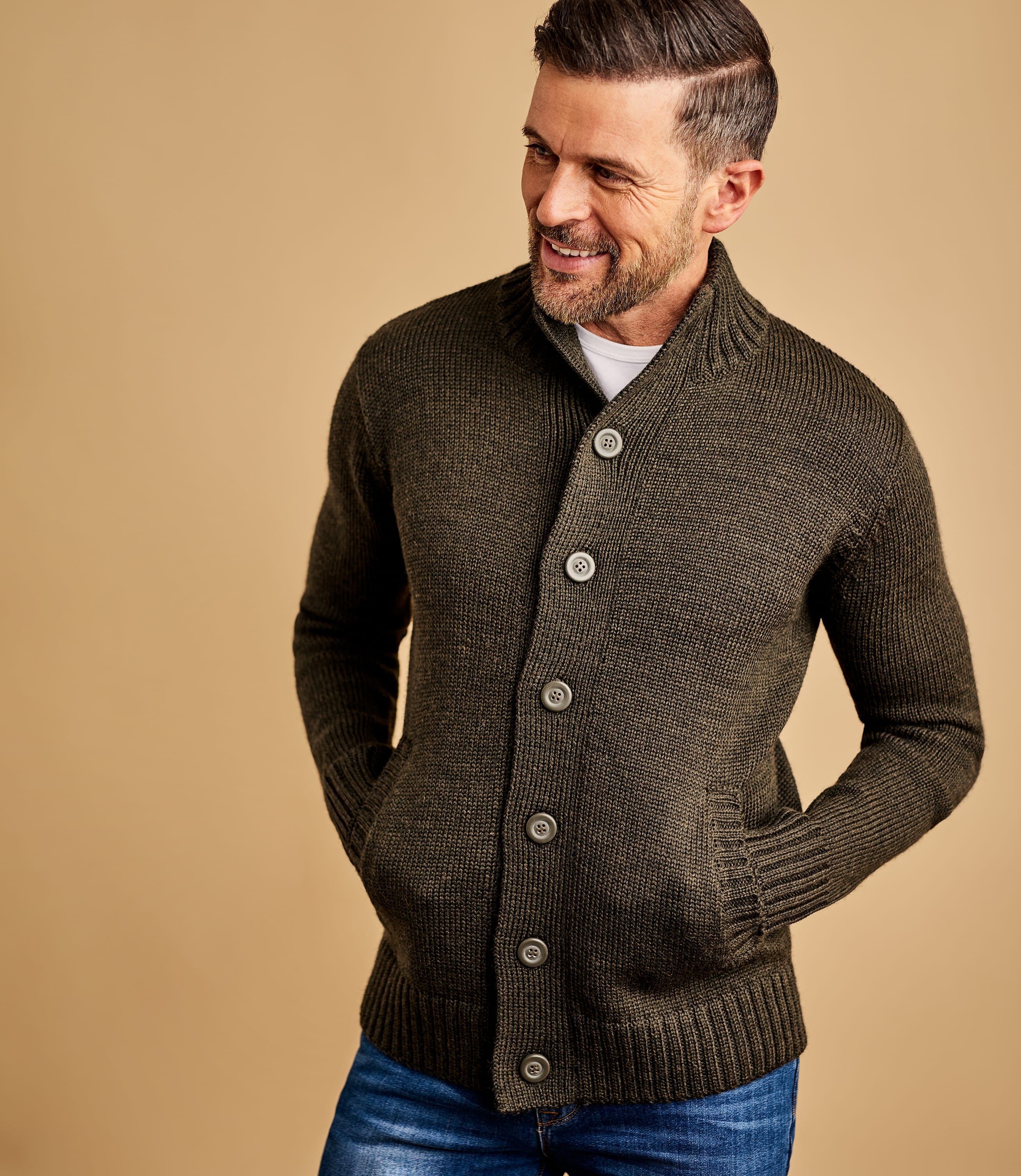 Acorn Green Marl | Mens Pure Wool Button Everyday Cardigan | WoolOvers UK