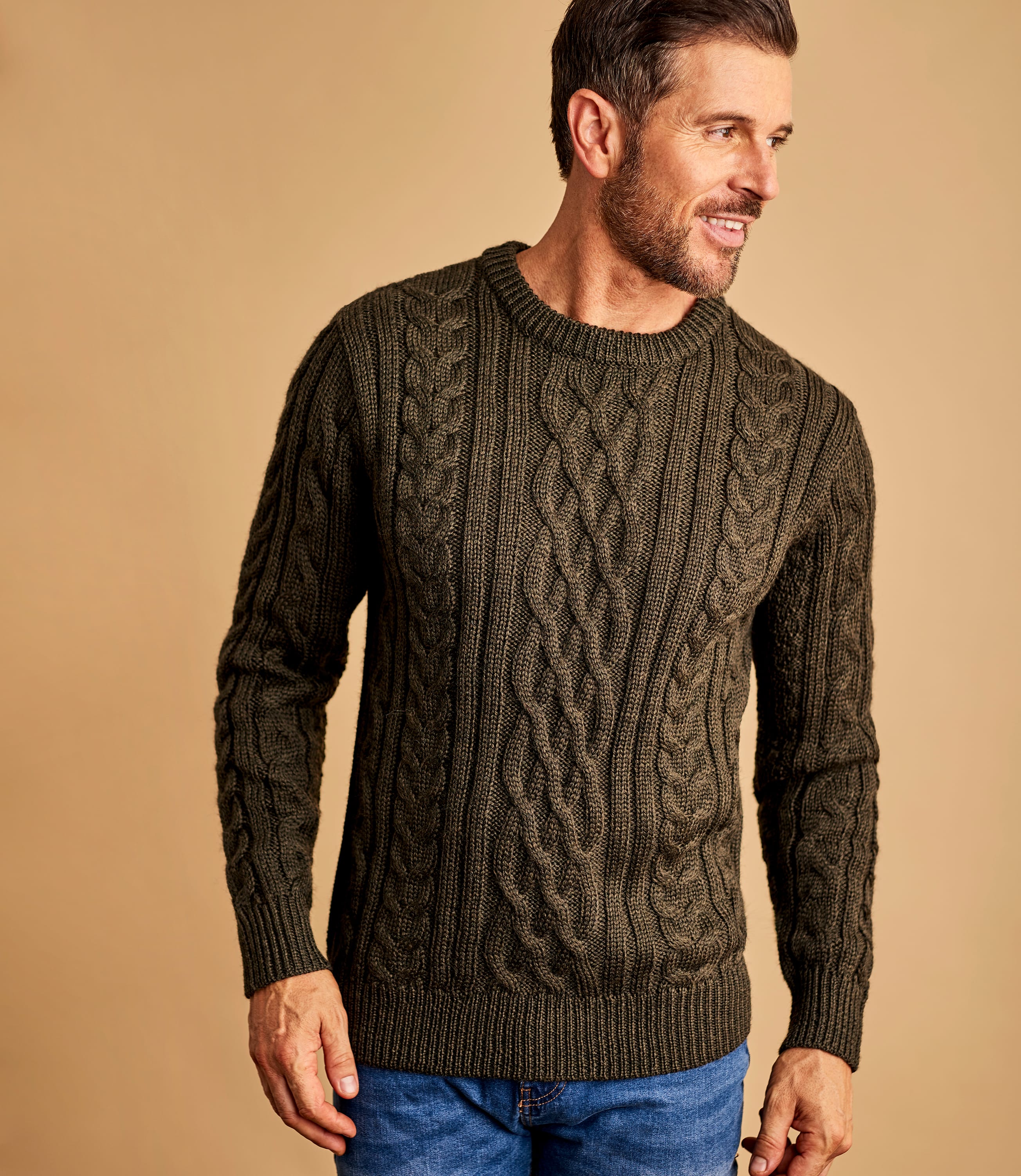 Acorn Green Marl | Mens Pure Wool Aran Knitted Sweater | WoolOvers AU